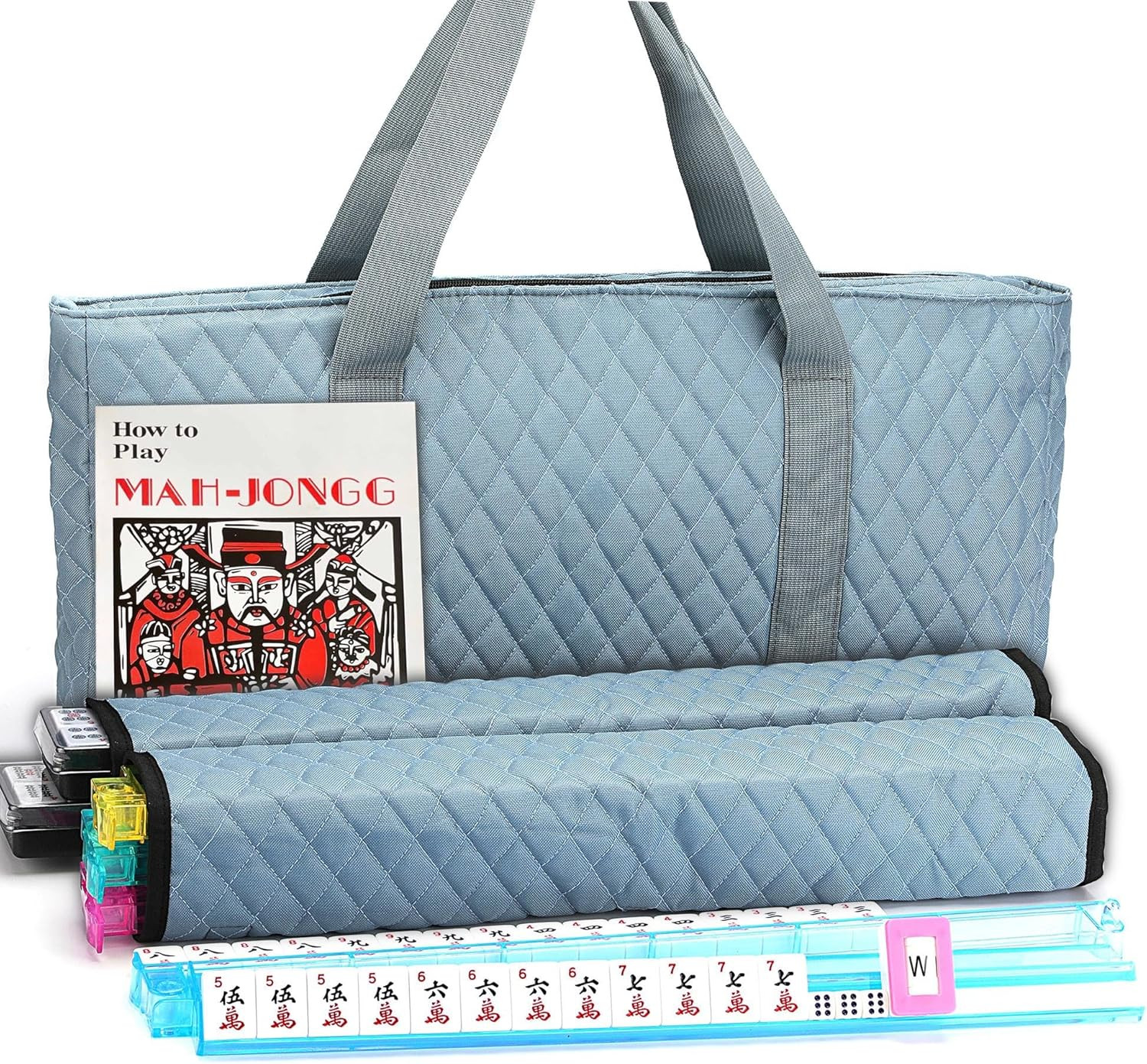 American Mahjong Game Set – Pearl Gray Quilted Soft Bag – 166 White Engraved Til