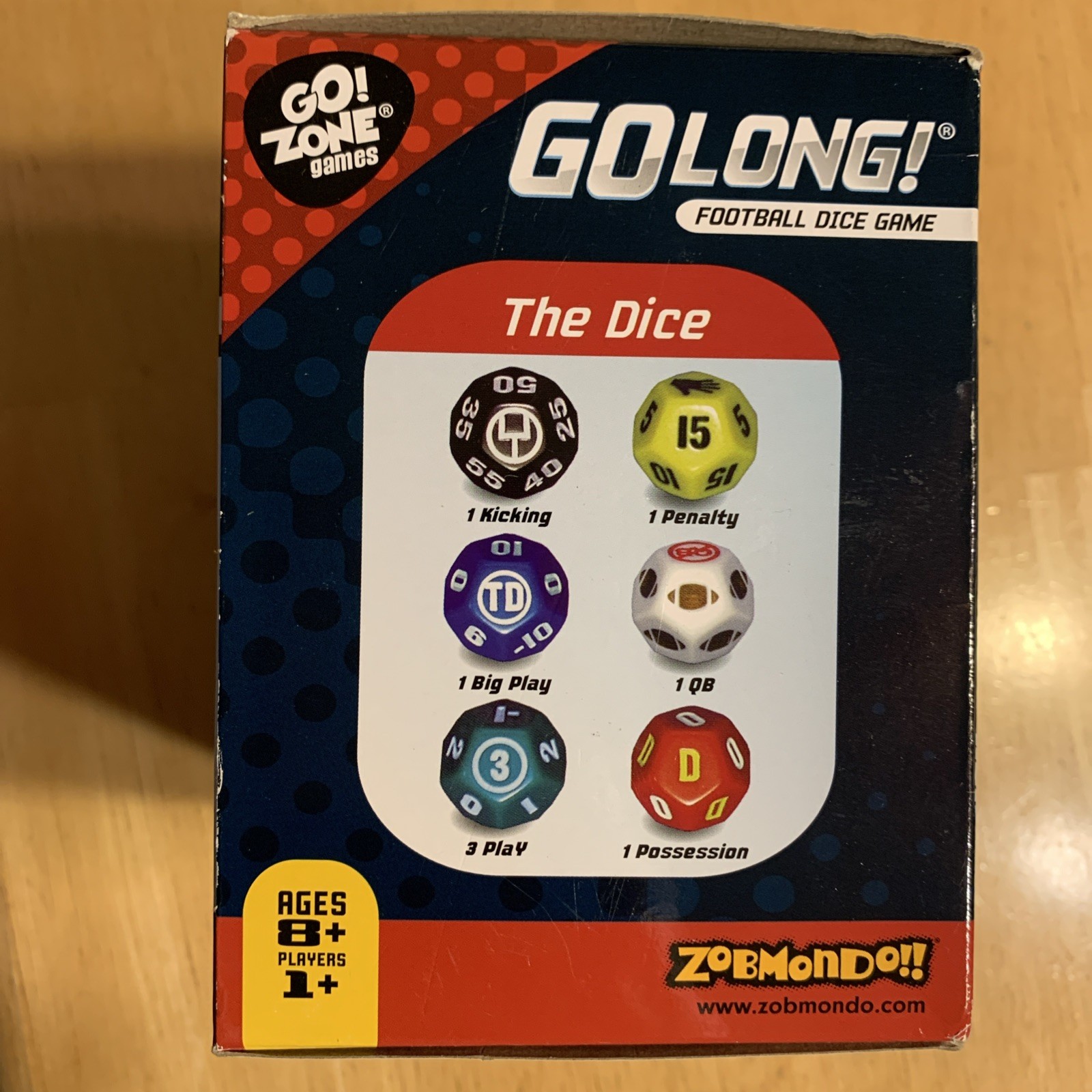 GO LONG! Football Dice Game Zobmondo!! Travel Bag, 8 Dice, Score Cards, Rules