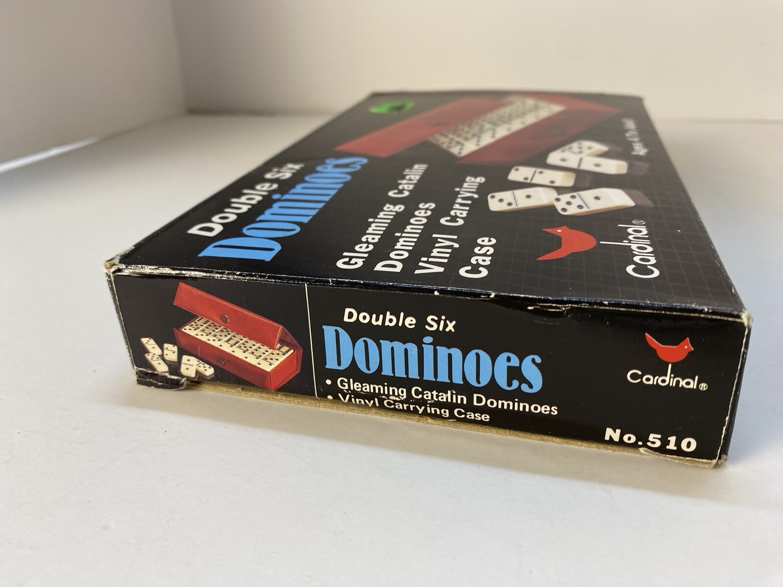 Dominoes Cardinal 28 Ivory White Pieces w/ Red Vinyl Case, instructions, box~Vtg