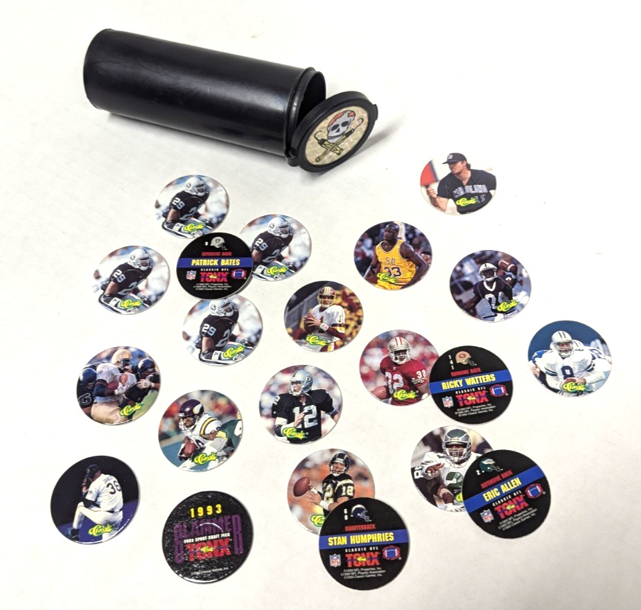 Mixed Sports Pog Milkcap Vintage TONX 1993 Lot of 21 Assorted, Storage Tube