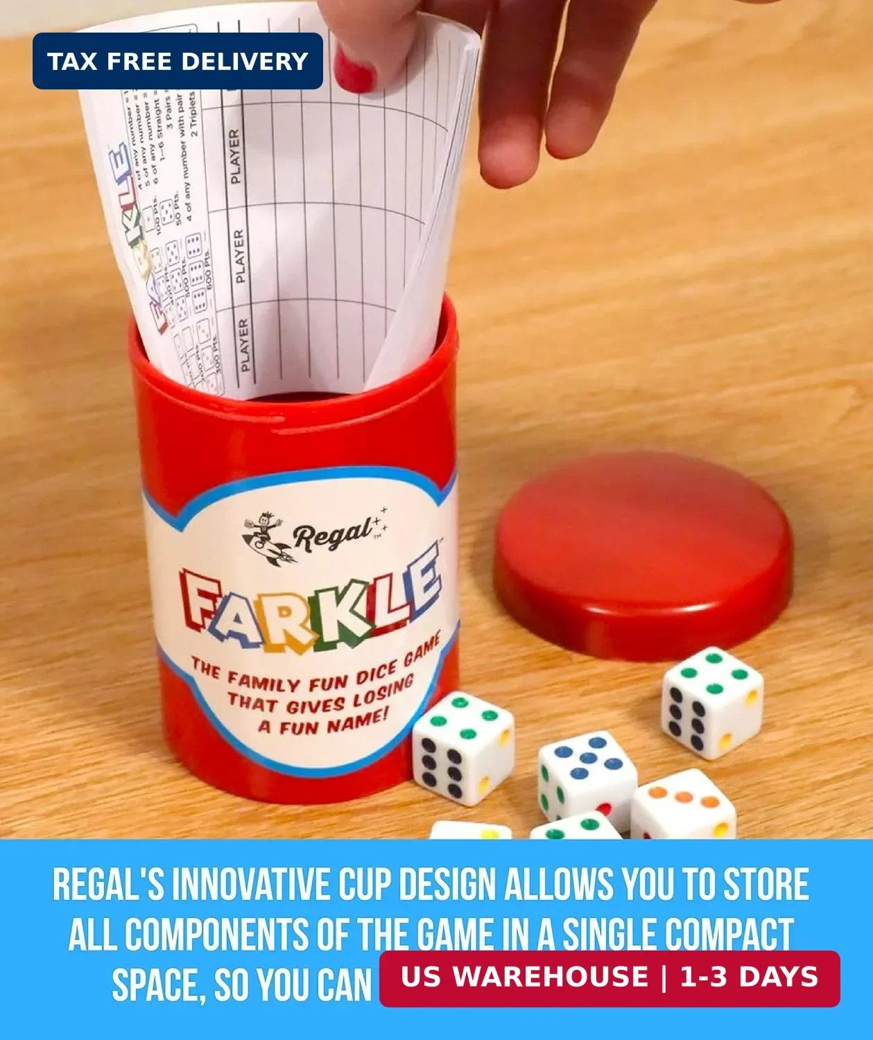 Regal Games – Farkle Classic Dice Game w/ 6 Colored Dice, 1 Convenient Dice Cup
