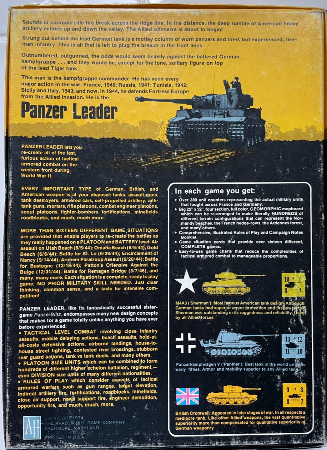 Panzer Leader Game – Avalon Hill – 1974 – Complete – Good condition