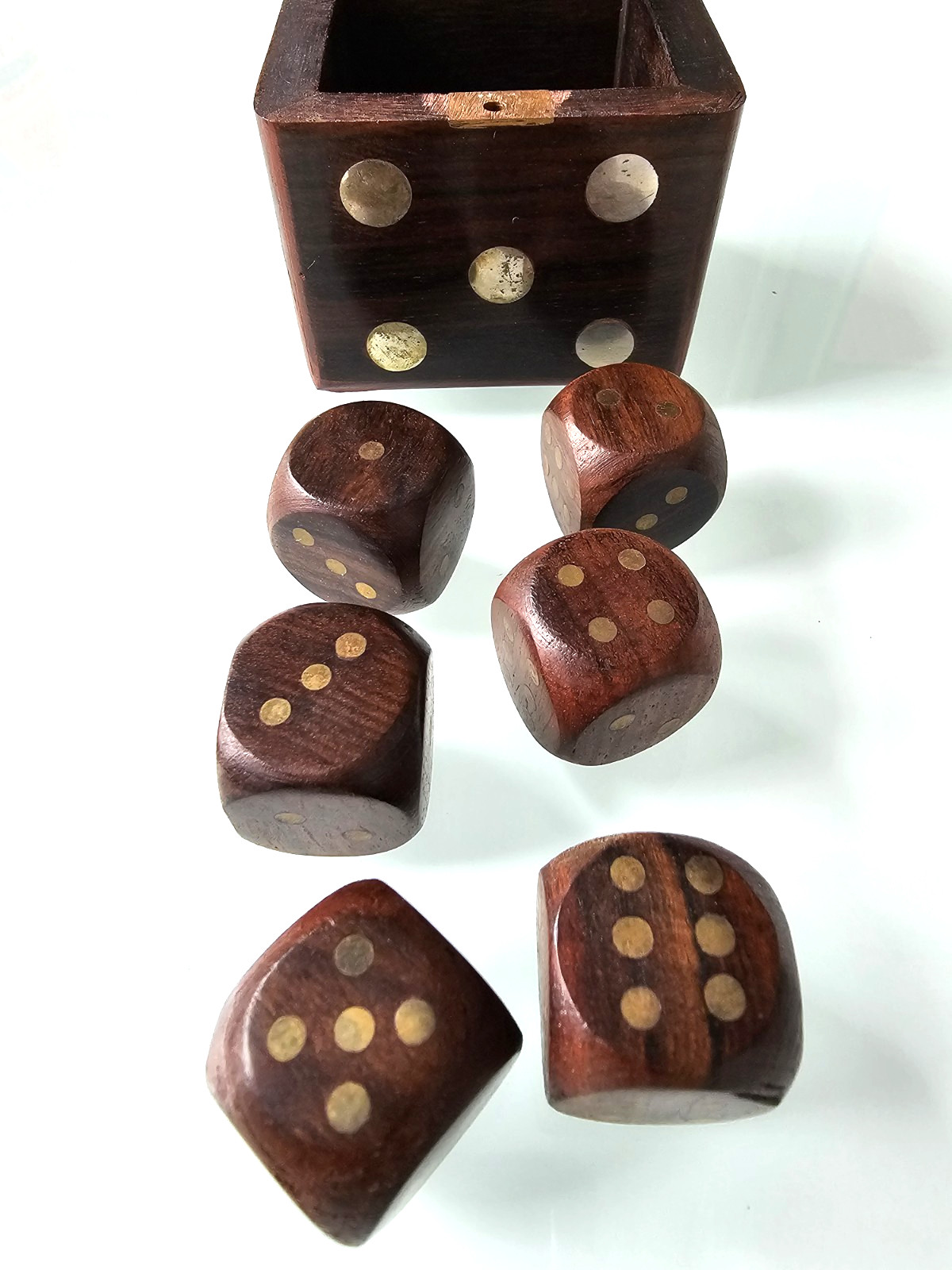 Set of 6 Wood Dice & Storage Box with inset brass decorative spots
