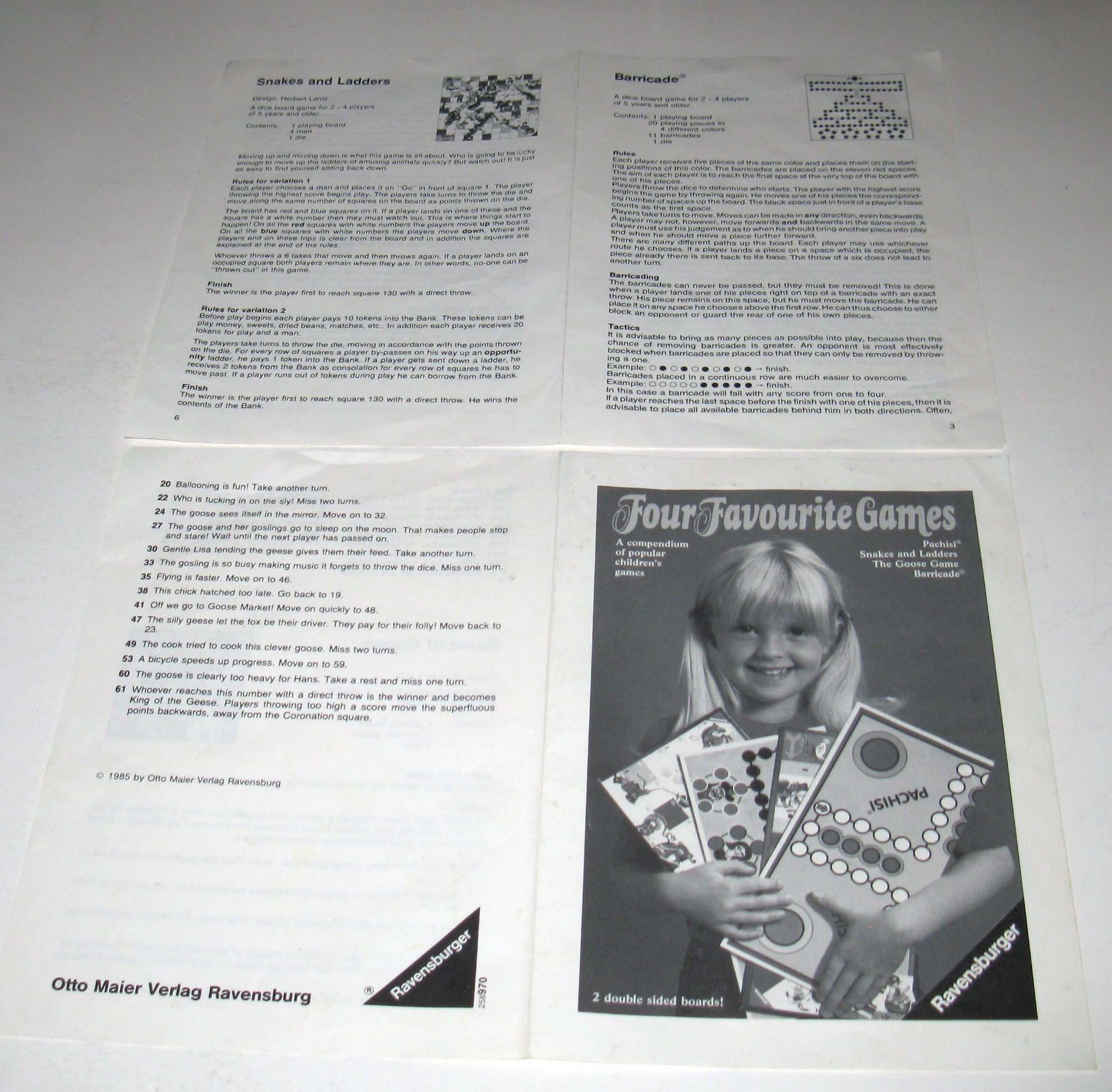 Original Instruction Manual for 1979 Ravensburger Four Favorite Games Set
