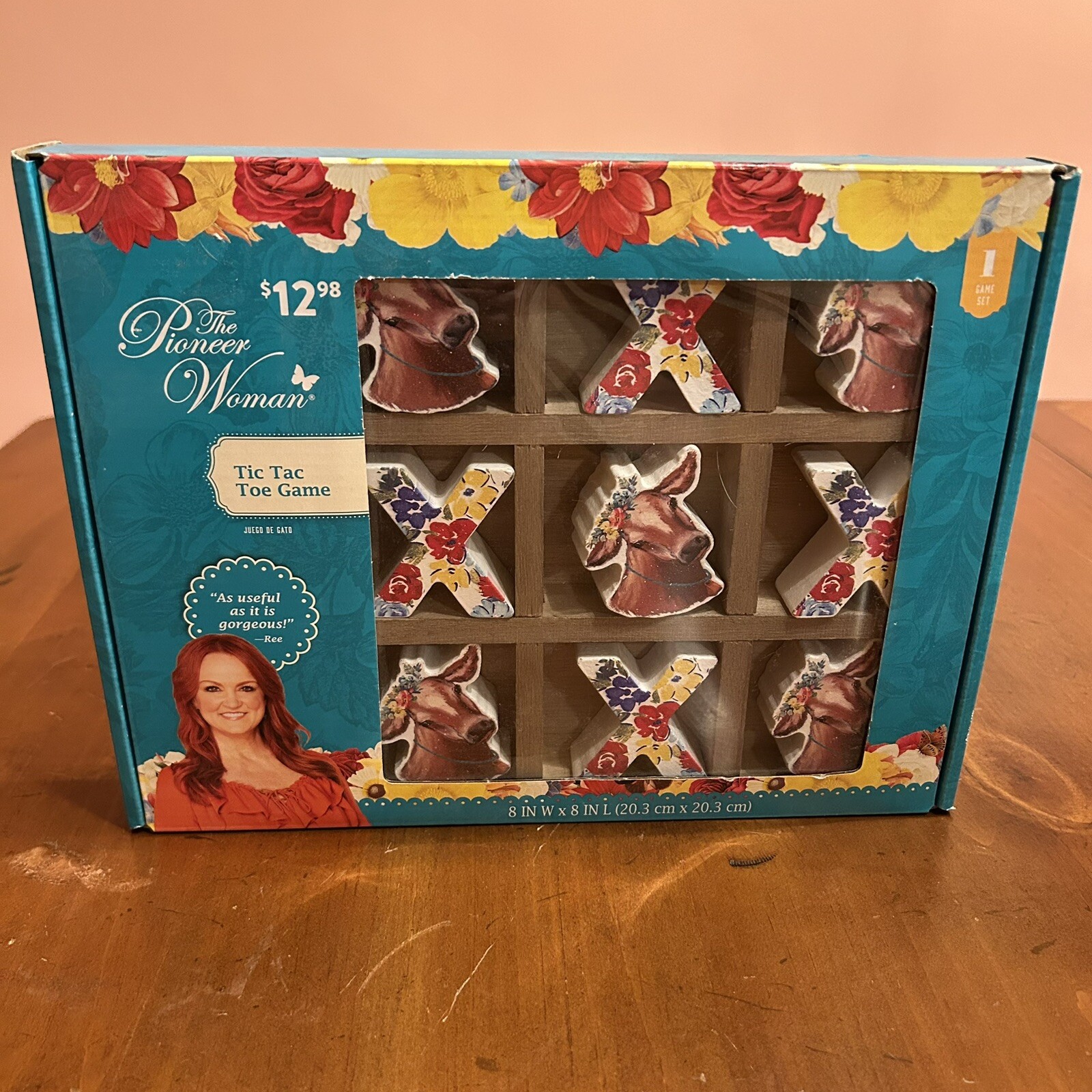 Pioneer Woman Tic Tac Toe Game Floral Cow Wooden Board 8″W x 8″L New Open Box
