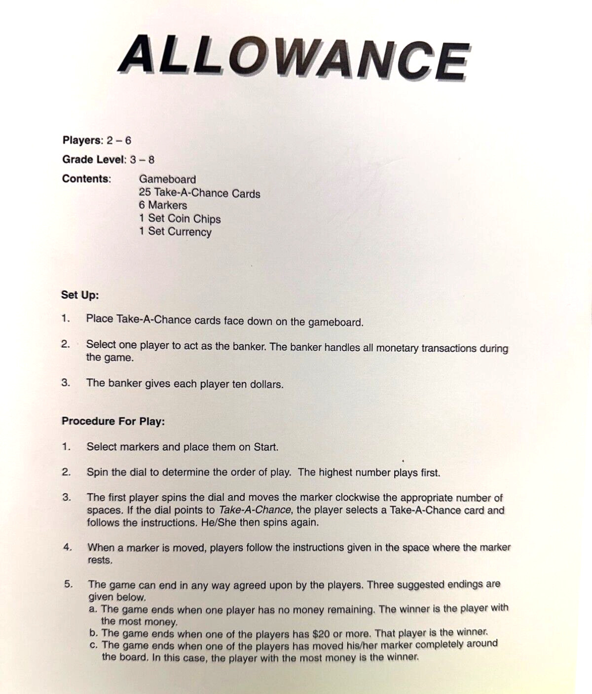 ALLOWANCE A Consumer Math Game Grades 3-8 Money Management Skills Home School
