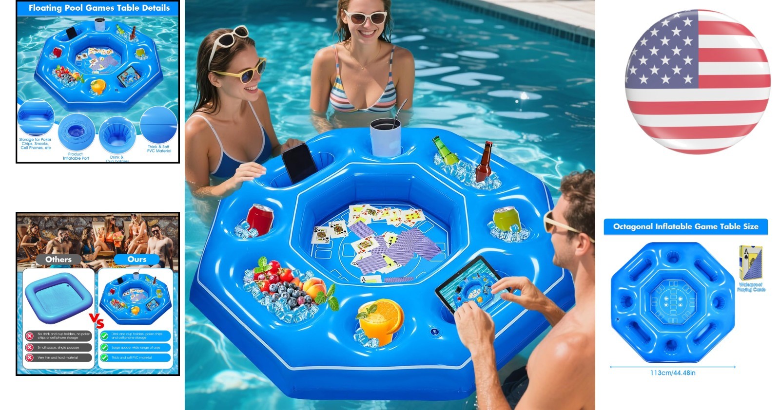 Lanathel Octagonal Inflatable Game Table with Waterproof Cards for Pool Parties