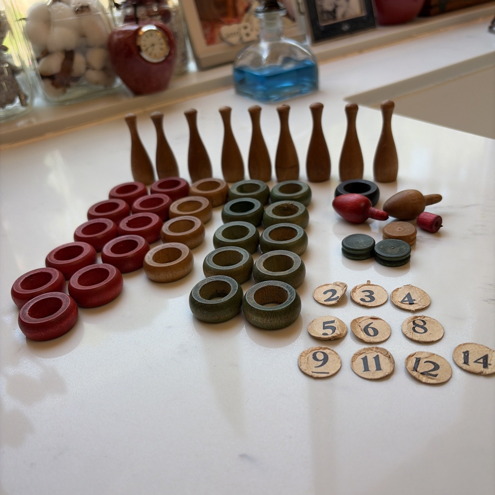 Vintage Wood Carrom Game Pieces, 56 Wood Pieces 10 Paper Numbers