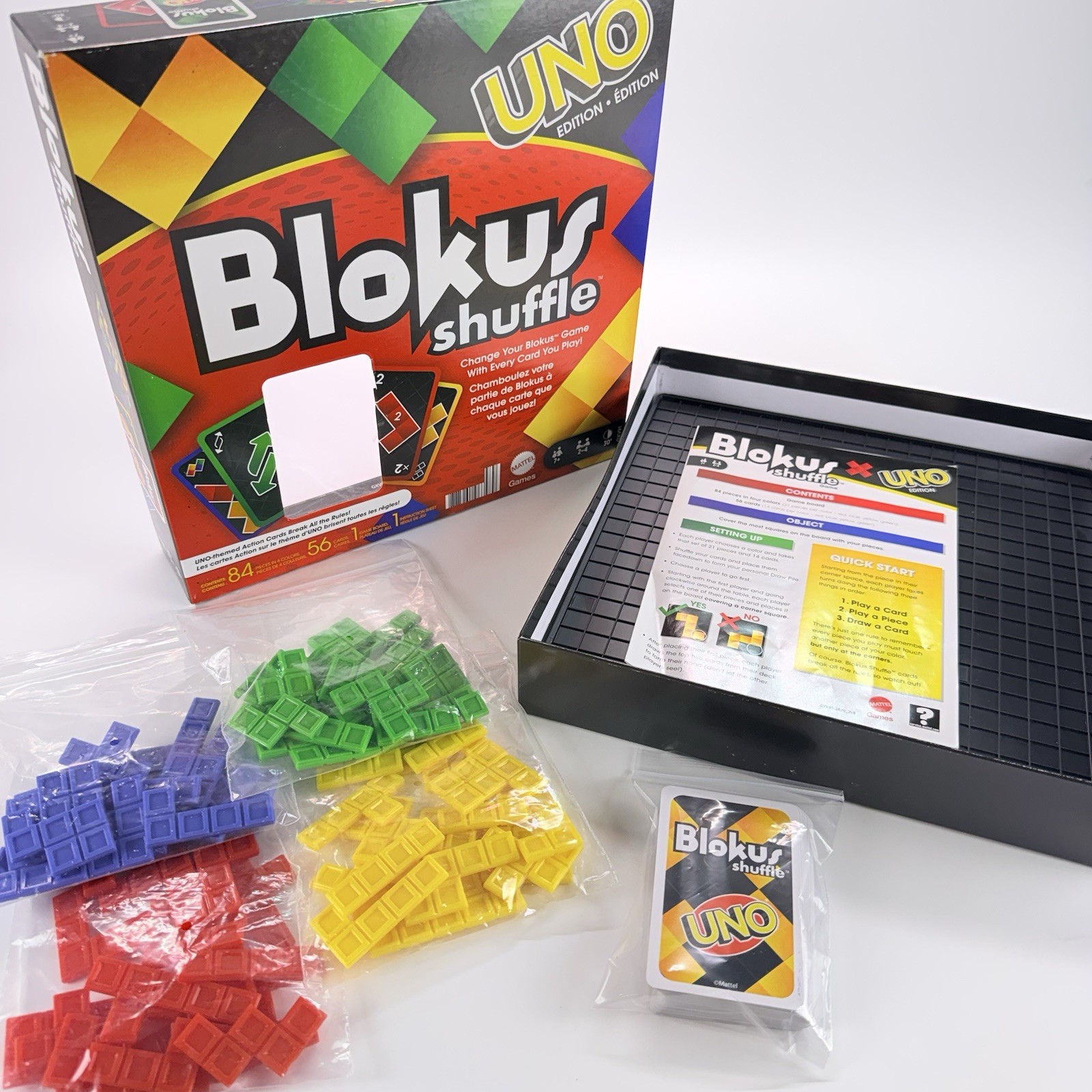 Blokus Shuffle Uno Edition COMPLETE Mattel 2021 Classic Strategy Action Cards