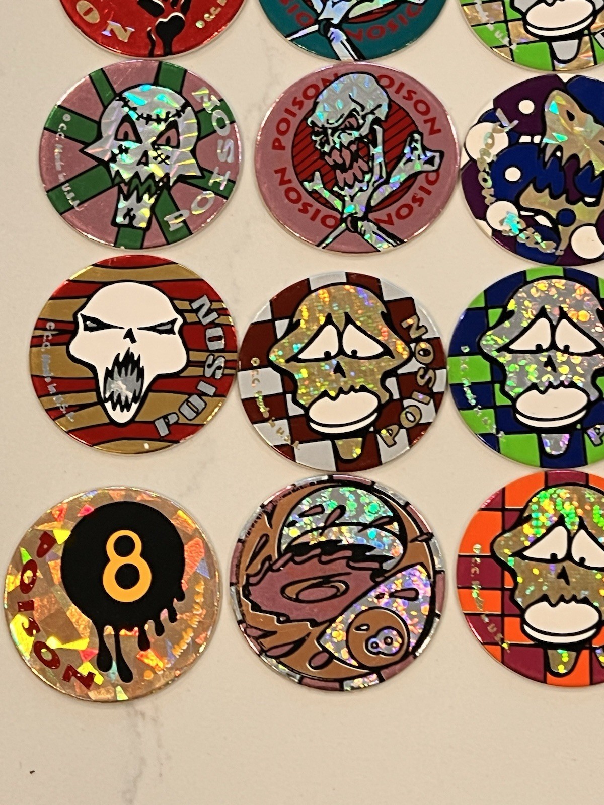 1990s Lot of 30 POISON Skull Bones Pogs Slammer Holographic Milk Caps Lot Mint!