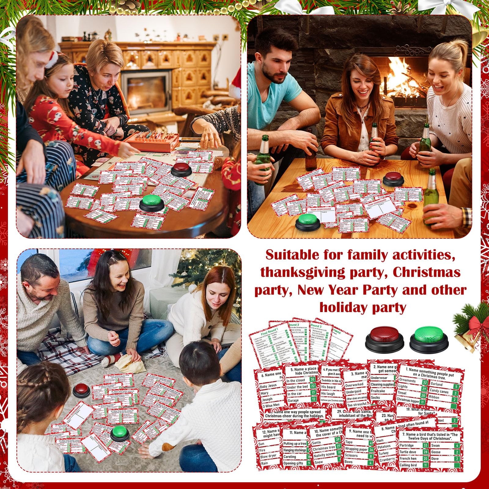 Vinsot 50 Pcs Christmas Friendly Feud Game with Answer Buzzer Christmas Feud