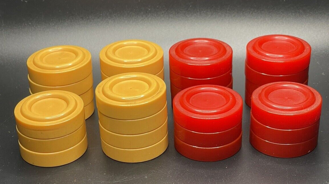 29 Vintage Bakelite RED & CREAM Backgammon Checker Pieces Set (1 missing)