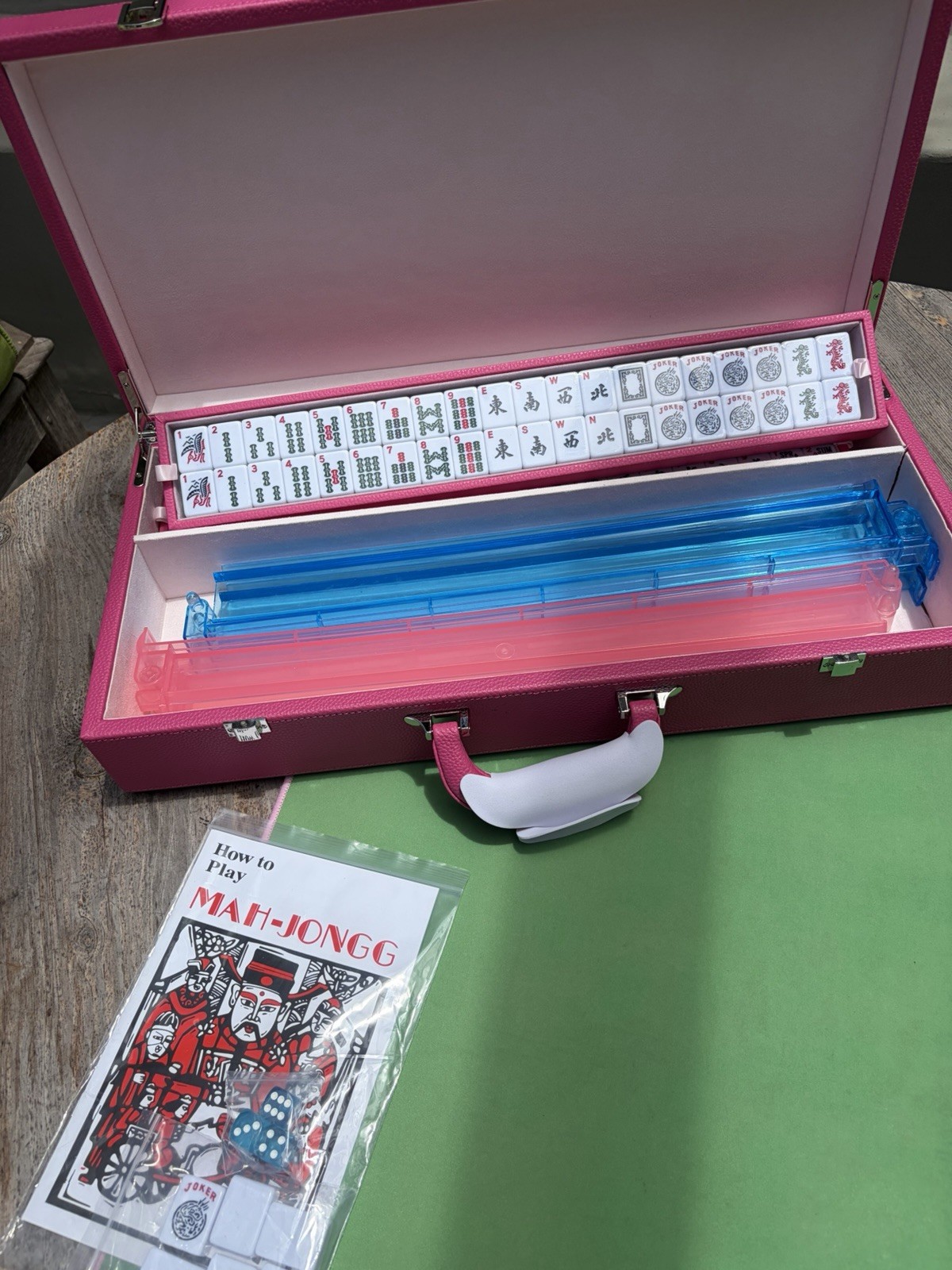 Mah Jongg Traditional Tile Game Set w/ Pink Carrying Case, Racks & Rules