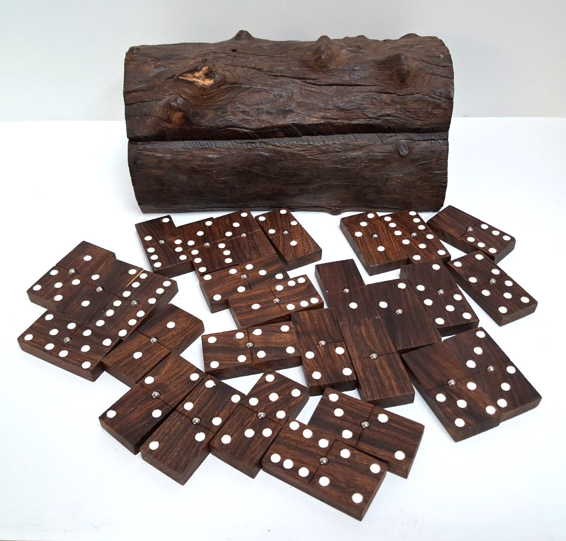 Wooden Dominos Set in Natural Wood Log w/Lid 8 x 5x 3.5″