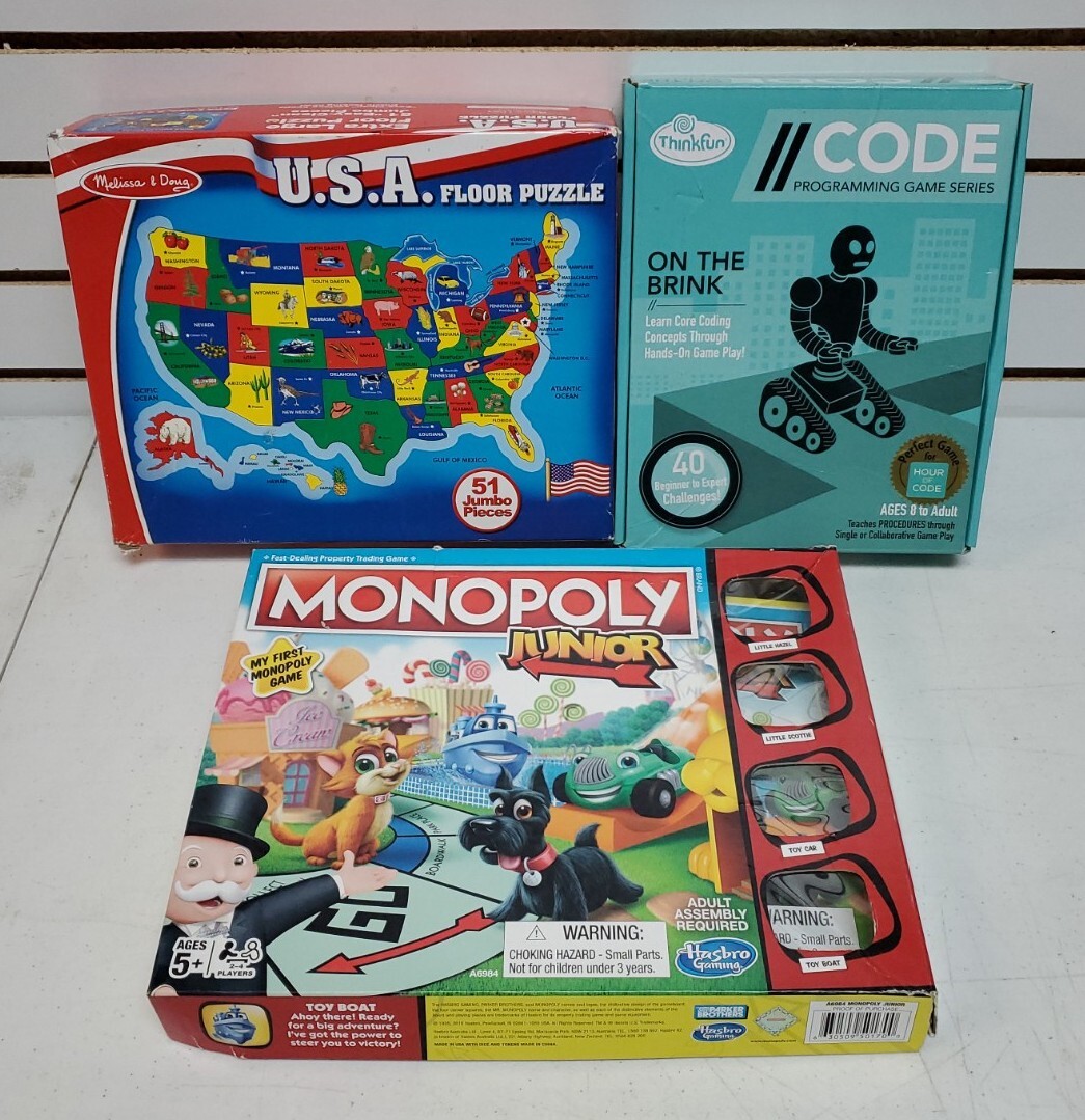 Kids Board Game Lot: Monopoly Jr, CODE on the Brink & USA XL Floor Puzzle *READ*