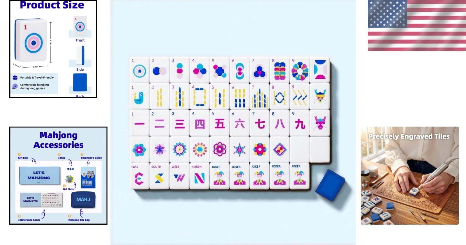 Light Blue American Mahjong Tile Set(1.2″), 160 Engraved Tiles with Mahjong Tile