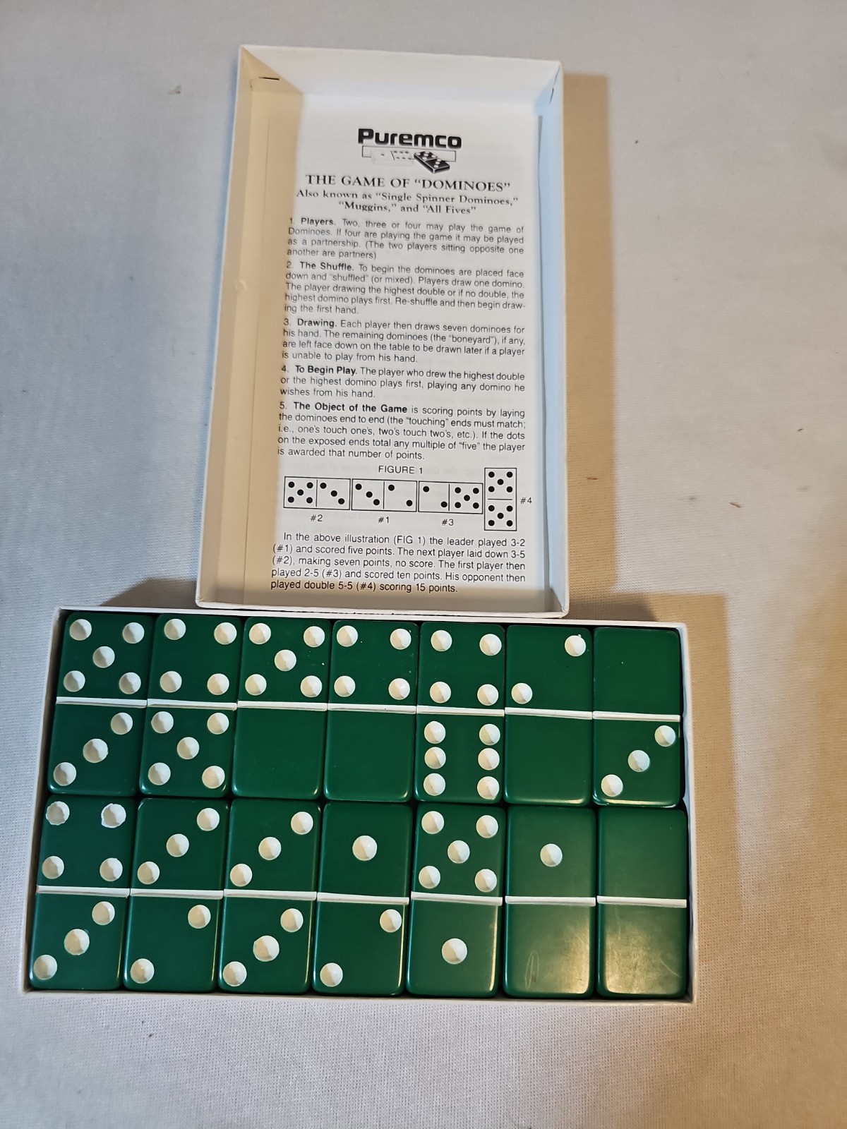 Vintage Puremco #616 Kelly Green Marblelike Dominoes Standard Double 6 Set w/Box