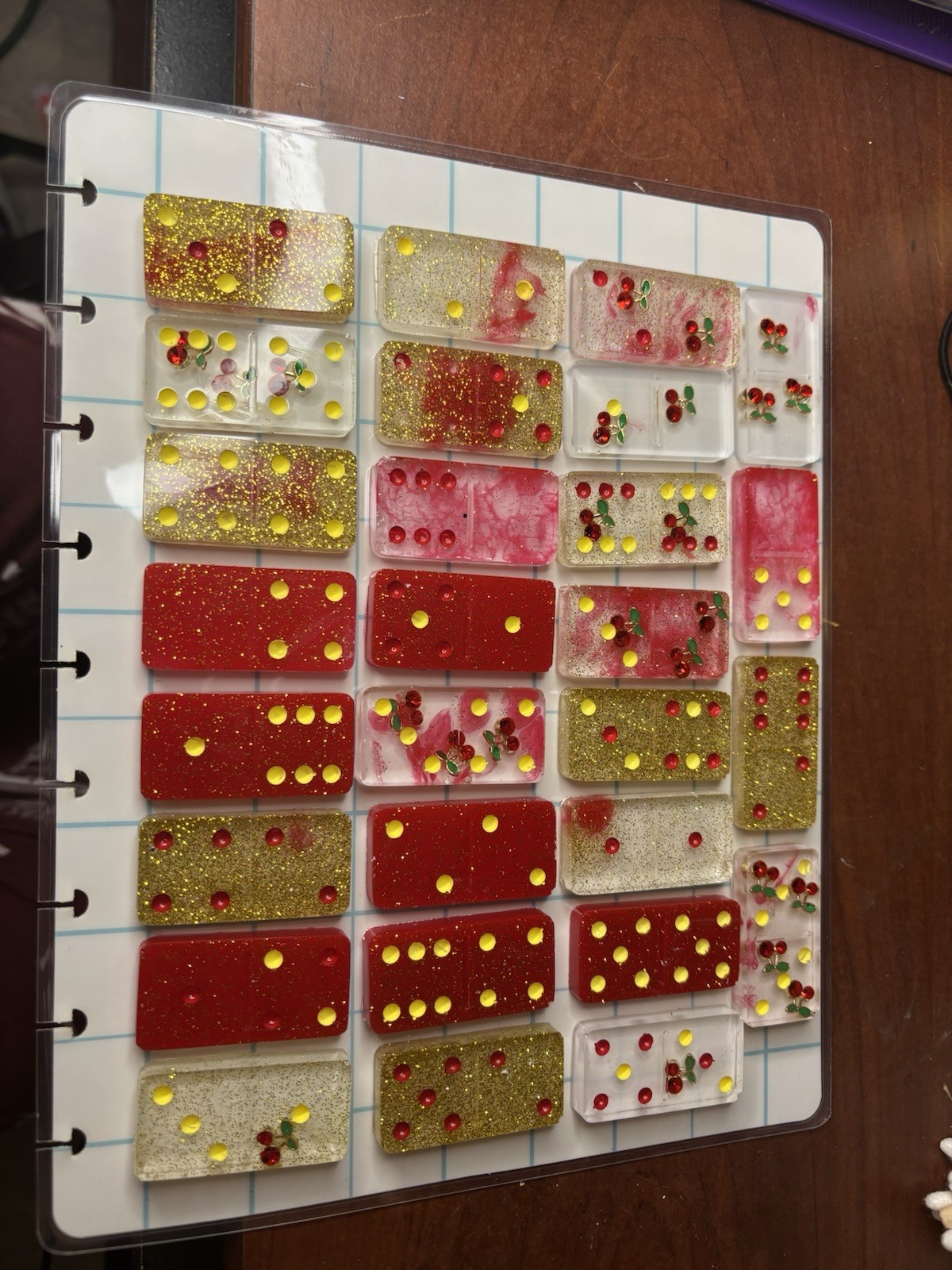 Handmade Resin Dominoes Tile Game Set Red Pink Gold White Glitter, 2+ 17+