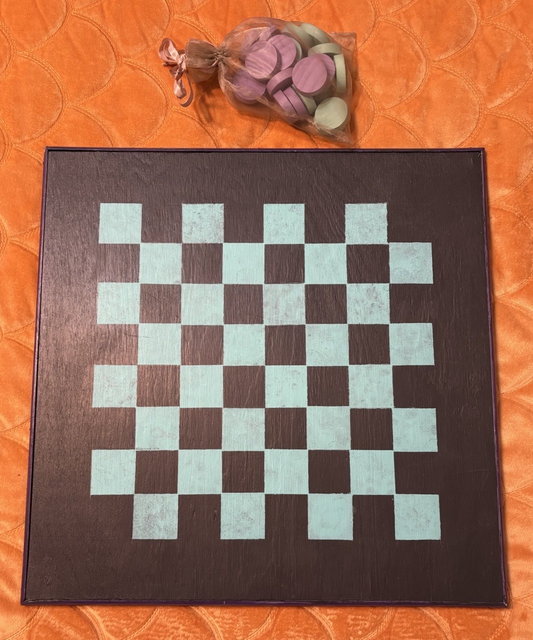 Game Board 16 x 16 in Black And Teal Checkerboard With Green & Purple Checkers