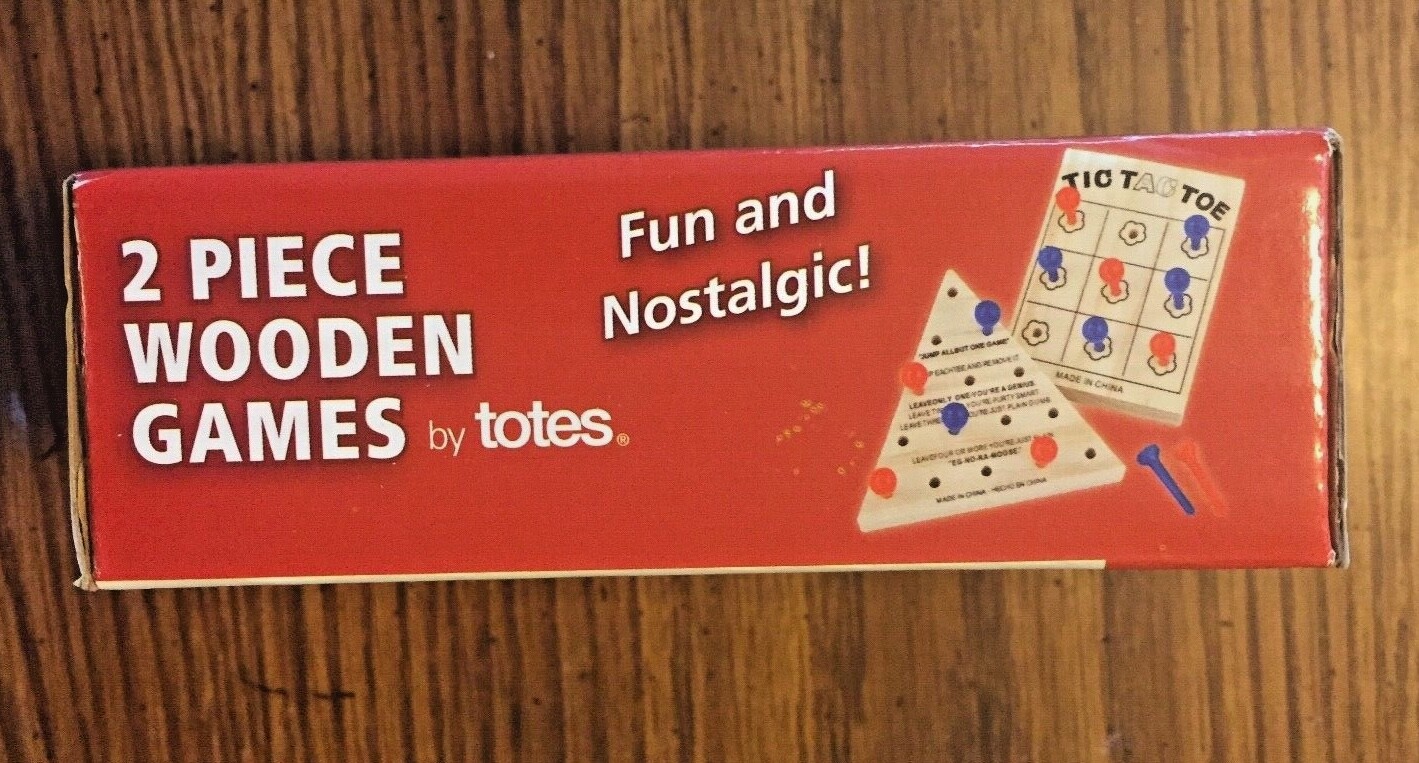2 Piece Wooden Games By Totes Tic-Tac-Toe & Solitaire Mini Travel Peg Boards New
