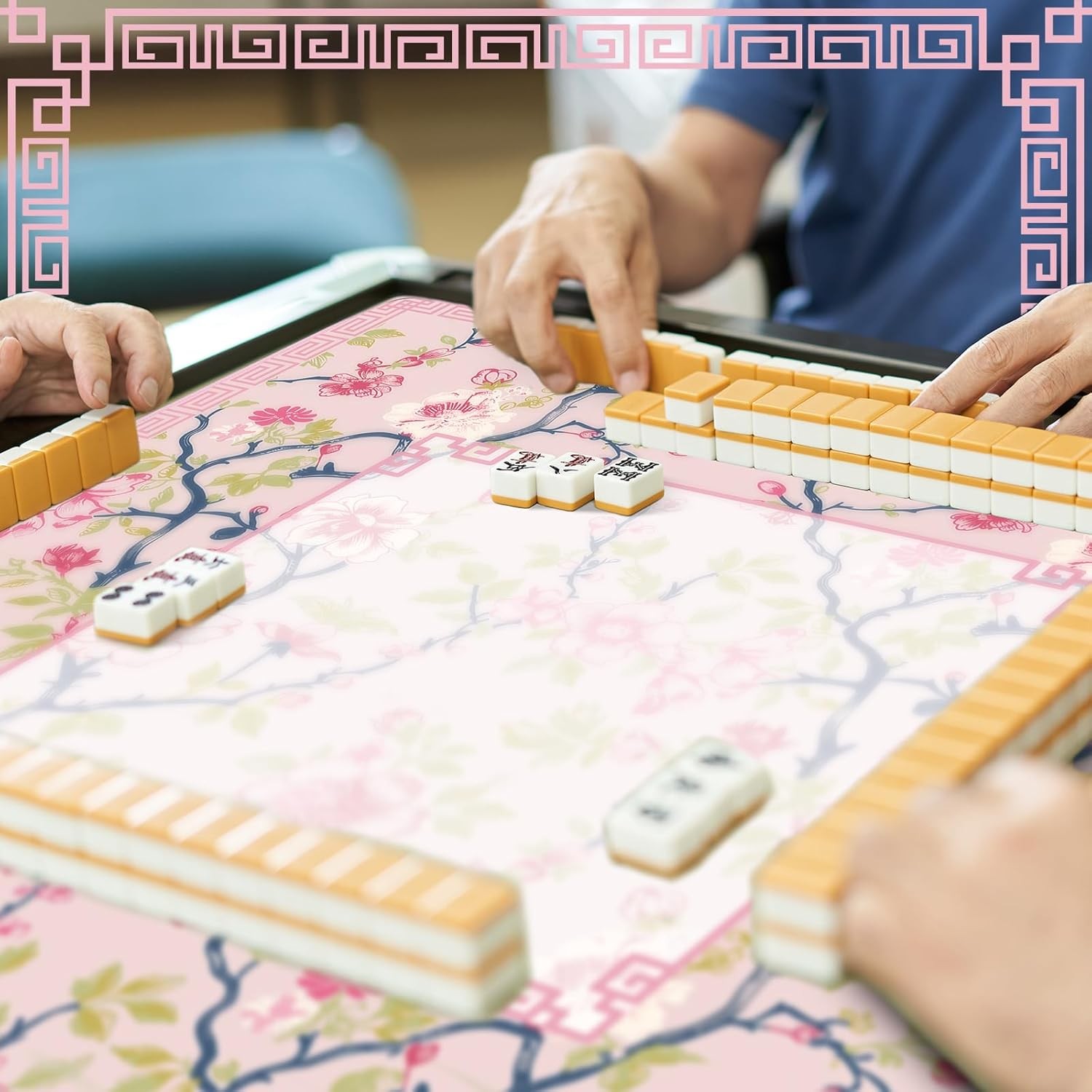 Chinoiserie Mahjong Mat W/ 1 Carrying Bag 31.5 x 31.5 Pink & White Rubber