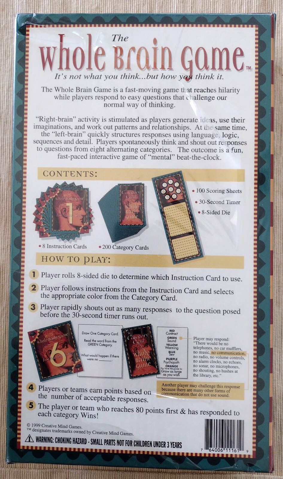 The Whole Brain Game 1999 Creative Mind Games Right Brain Left Brain Ages 11+