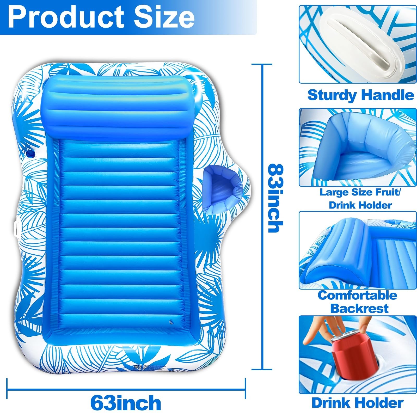 Pool Float 83 x63 Extra Large Inflatable 2 Person Tanning Lounger Blue 83×63
