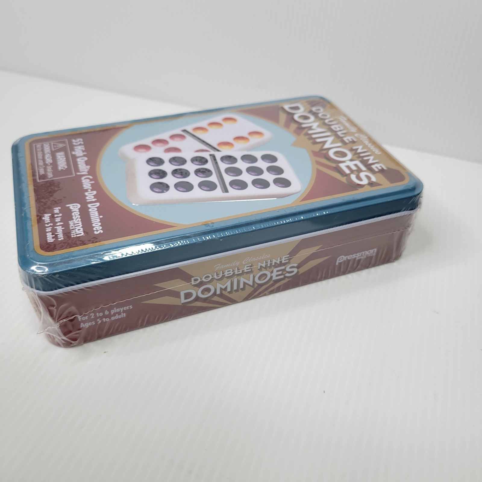 Pressman Double Nine Dominoes 55 Color Dot in Tin Container 2019 New Sealed