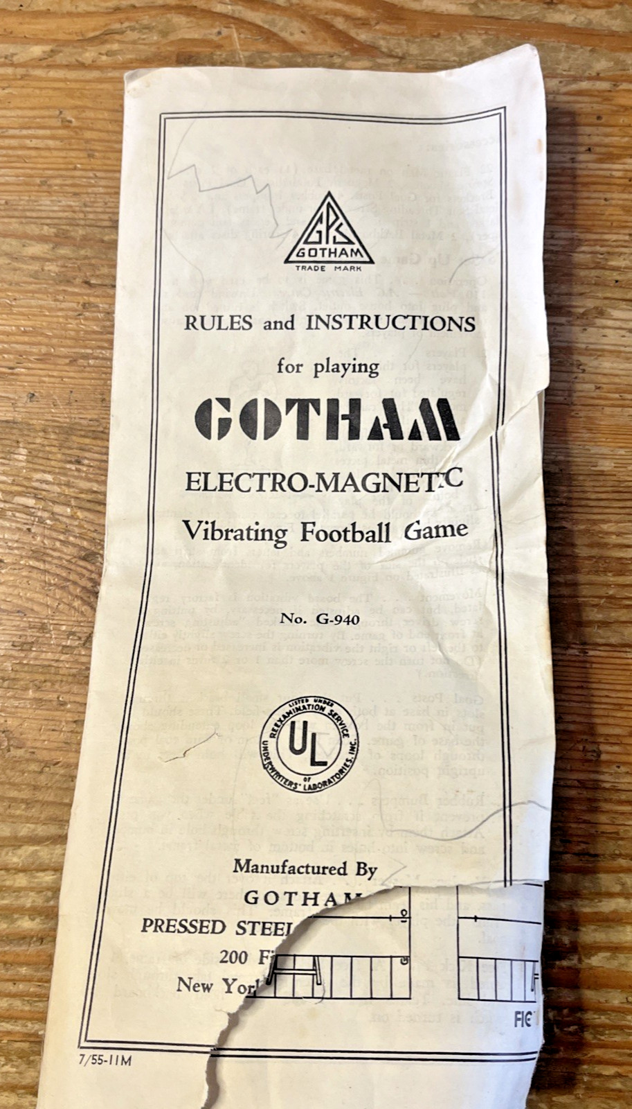 Vintage Gotham Electric Football Replacement Instruction Manual Booklet