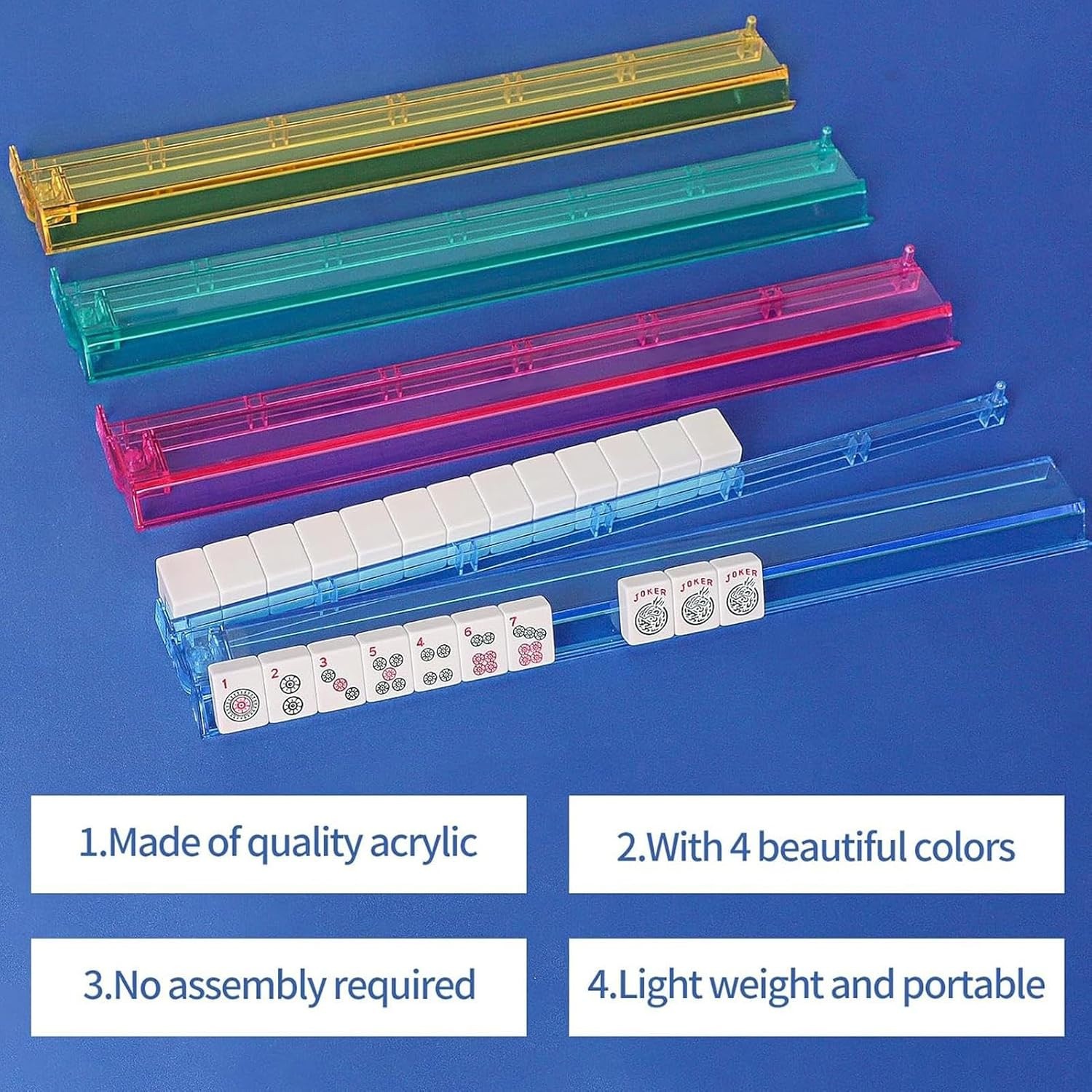 Acrylic MAHJONG Tile Rack & Pusher – 4 pcs – Mah Jongg – – Multi-Colour – 18″