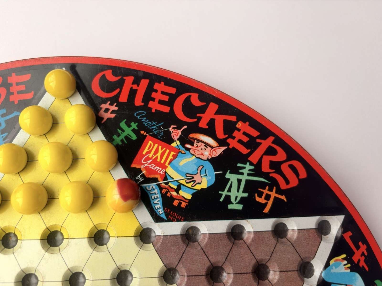 EARLY VTG STEVEN MFG. PIXIE GAME METAL CHINESE CHECKER BOARD TOP ONLY W/MARBLES