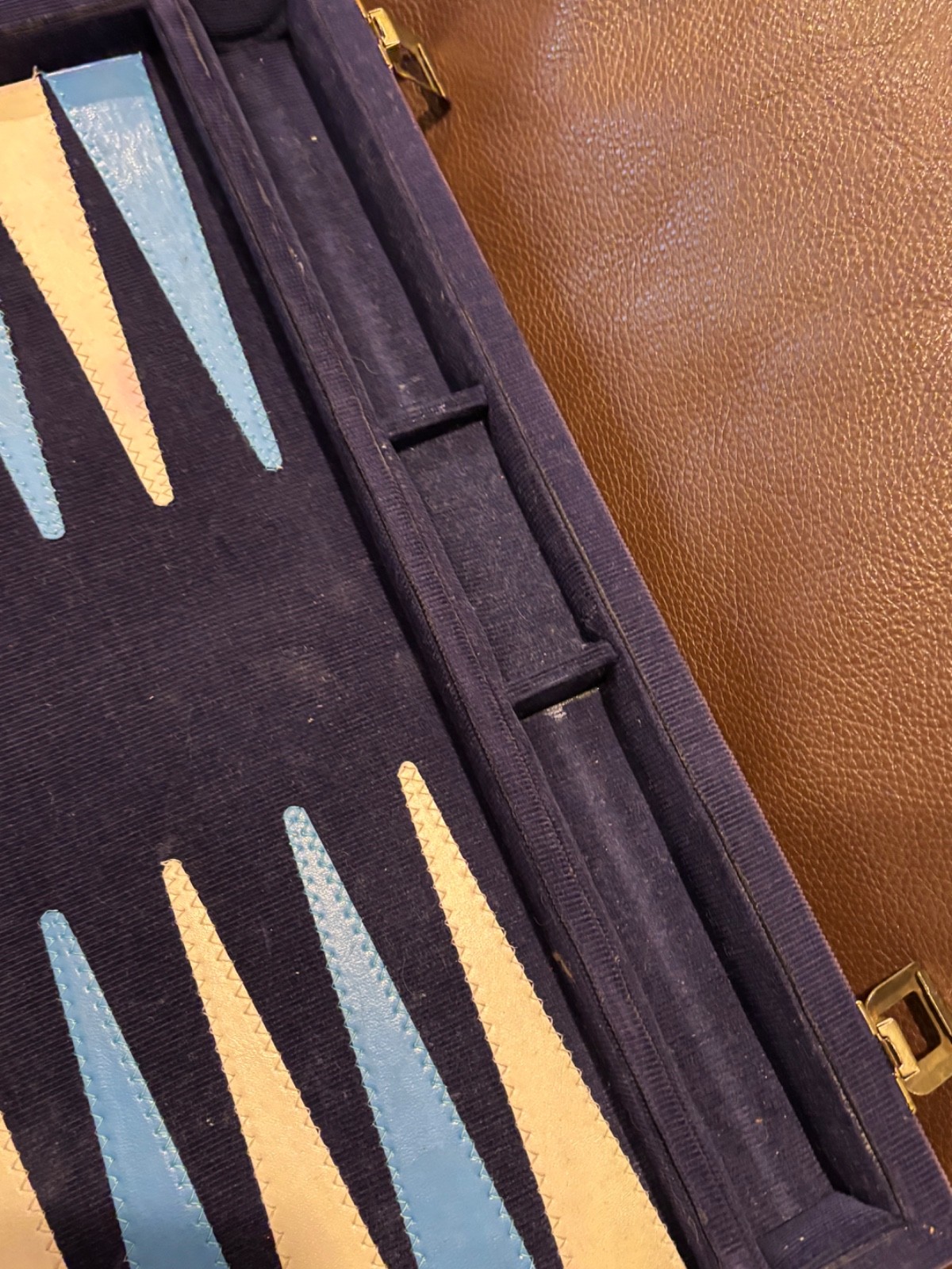 Vintage Backgammon Blue Corduroy Case Blue Black Speck + Cream Checkers