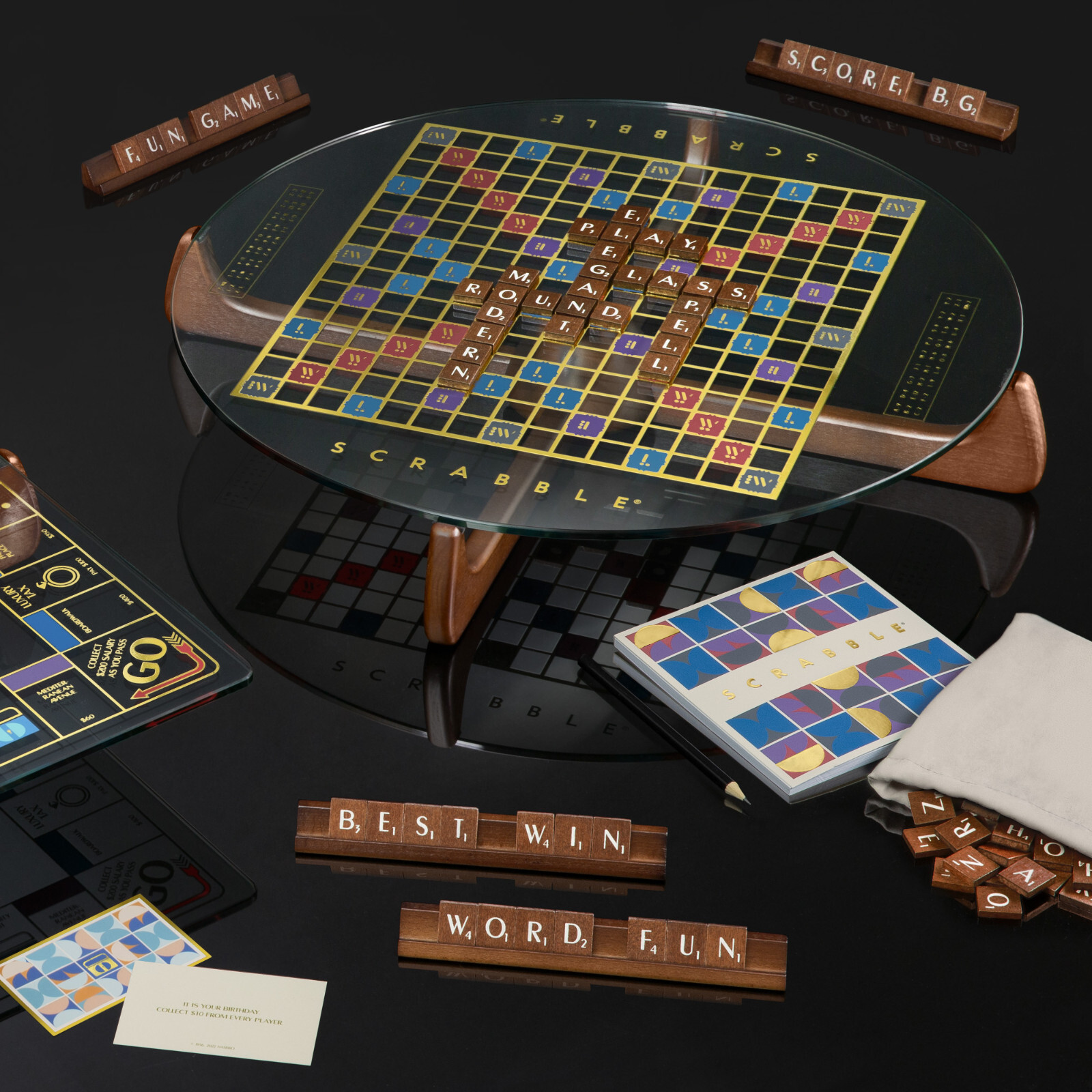 WS Game Company SCRABBLE Prisma Glass Edition with Rotating Board Lazy Susan New
