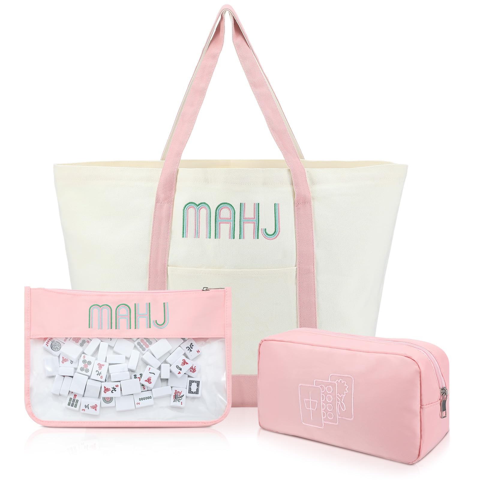 3 Pcs Empty Mahjong Tile Bags with Zipper Set Embroidered Mahjong Canvas Carr…