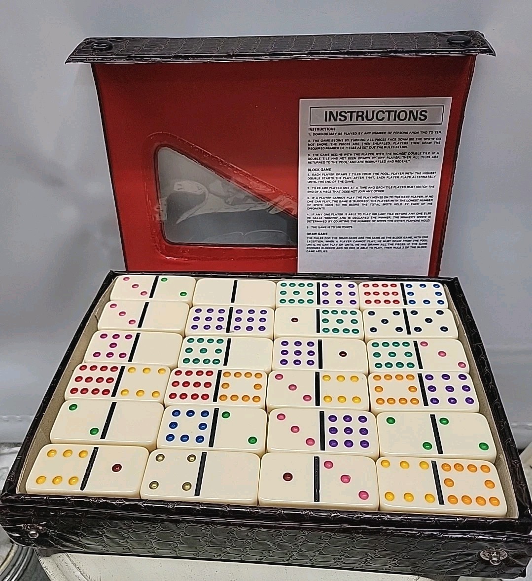 Double 12 Dominoes Set Faux Crocodile Case Multicolor Pips + Bonus Tiles 1980s