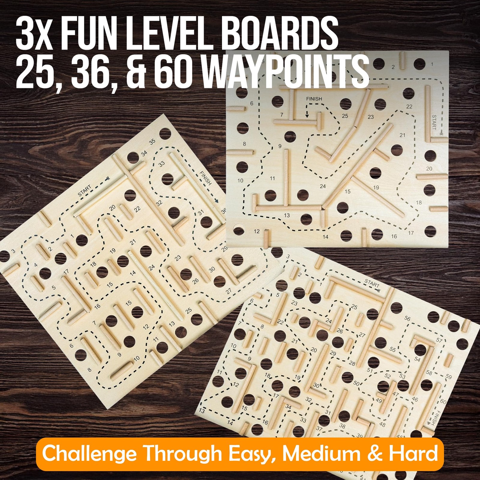 Wooden Labyrinth Maze Game 3 Swappable Boards Steel Marbles Knob Control Games