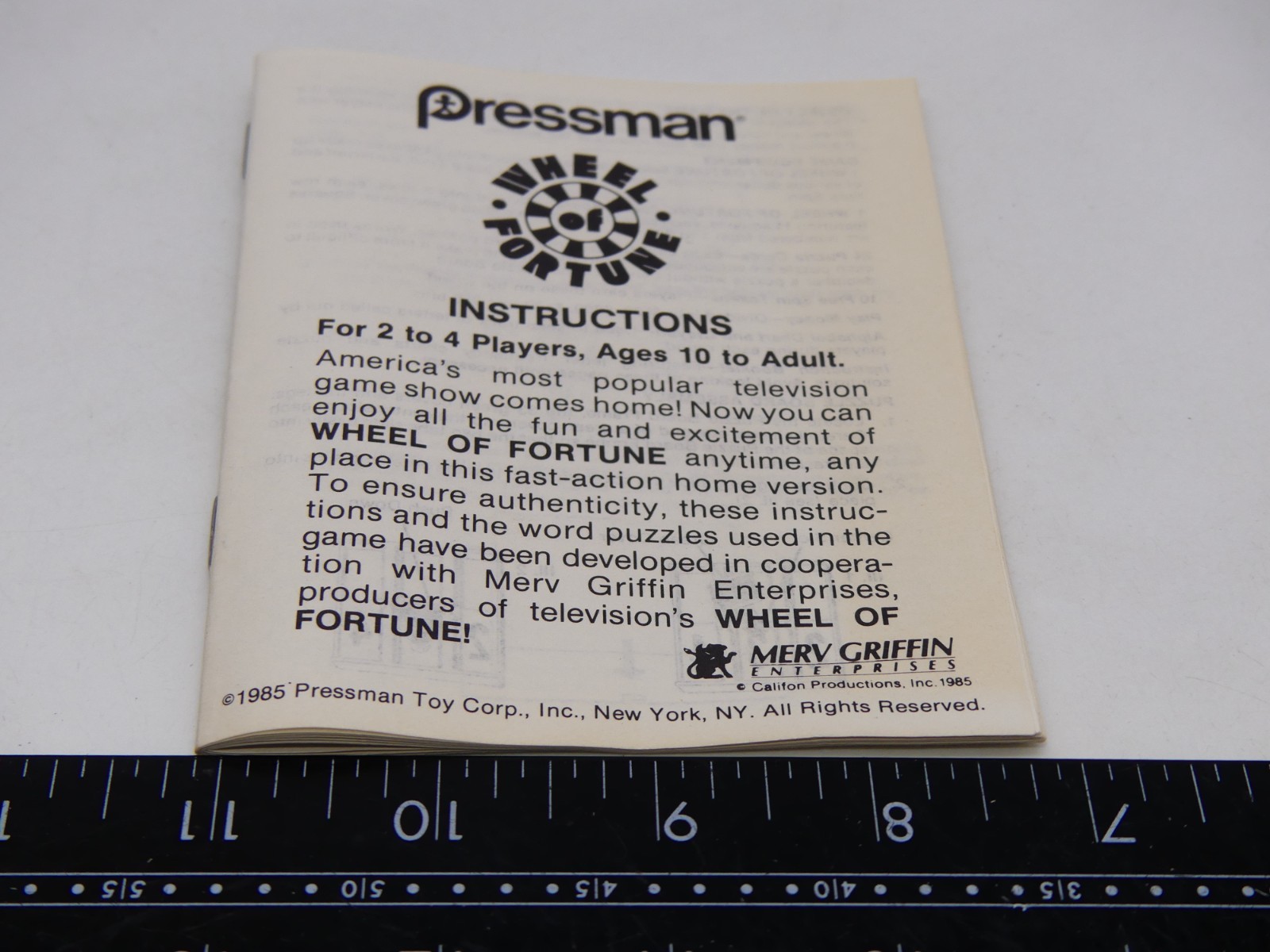 1985 Wheel of Fortune Board Game Instruction Manual Replacement Part Only Pressm