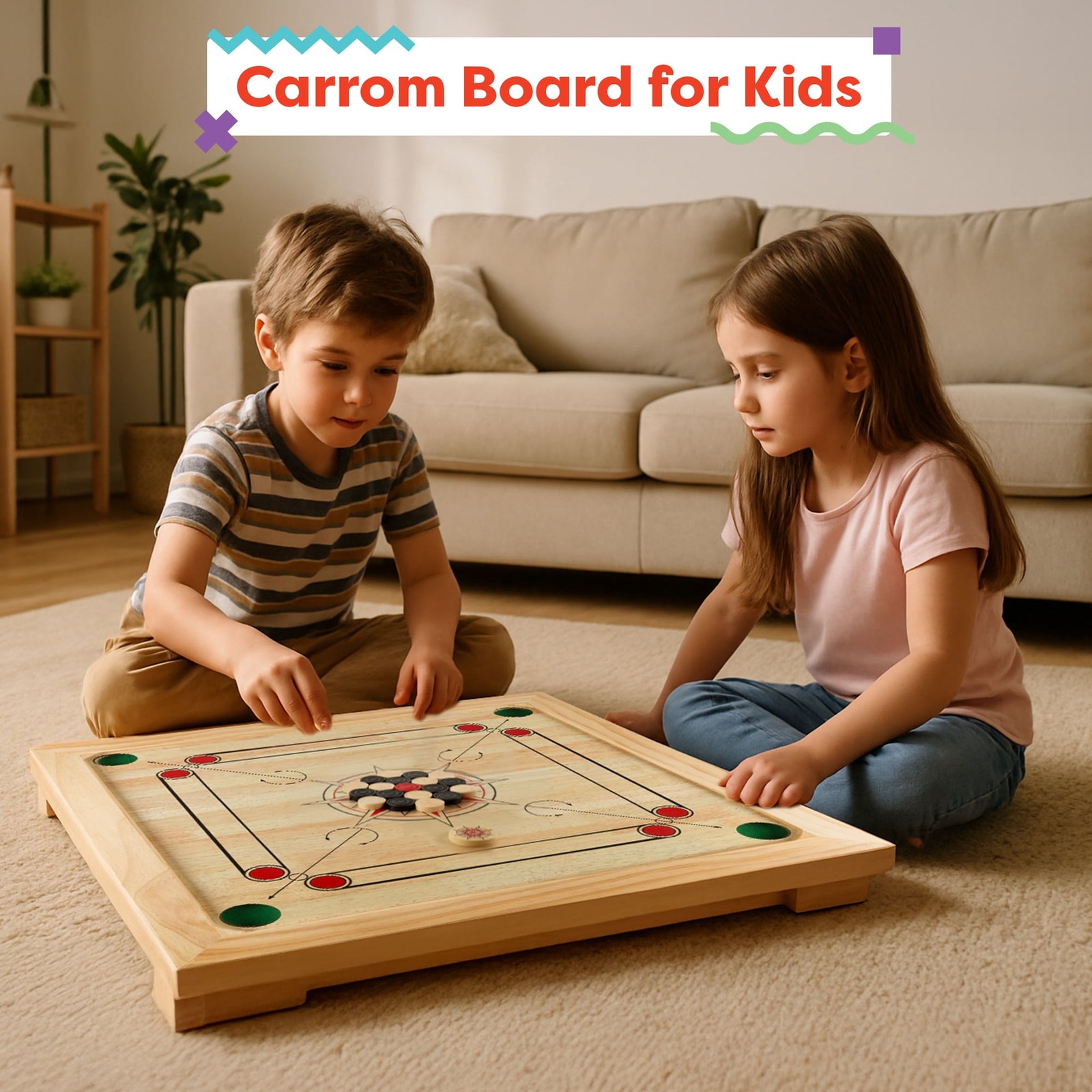 Rockin’ Rollers Carrom Board Game with Coins and Strikers, Wooden Board Game Set