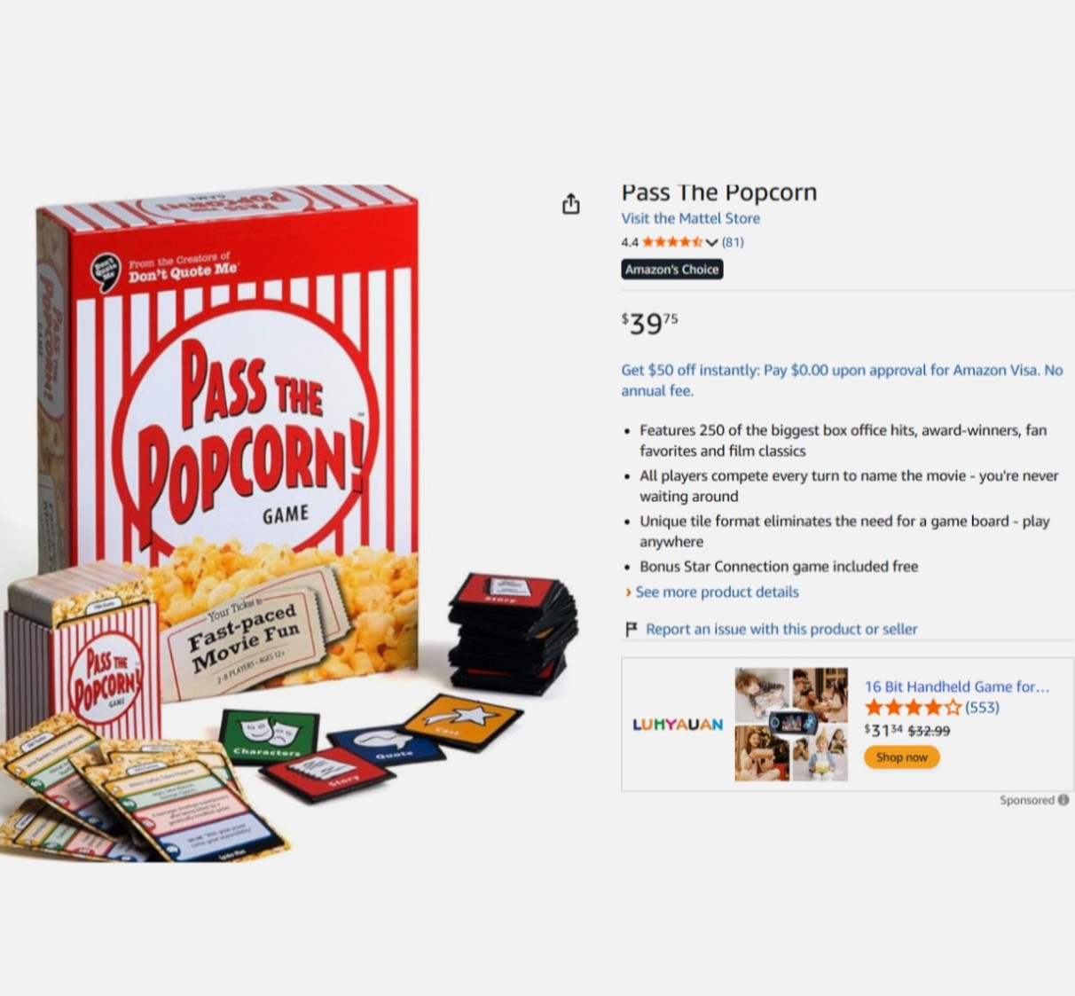 Pass the Popcorn!, NEW/Sealed, Movie Fun Game, 12+, 2 – 8 Players