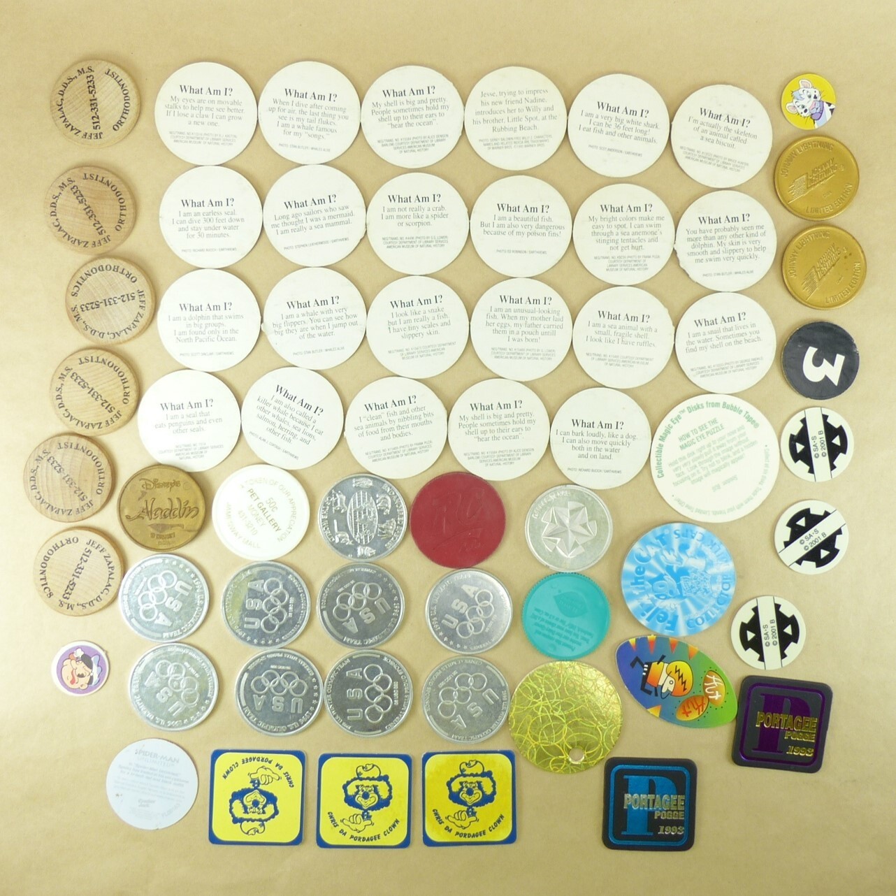 Junk Draw Lot of Coin Tokens from the 1990s. Metal, Plastic, Cardboard, Wood