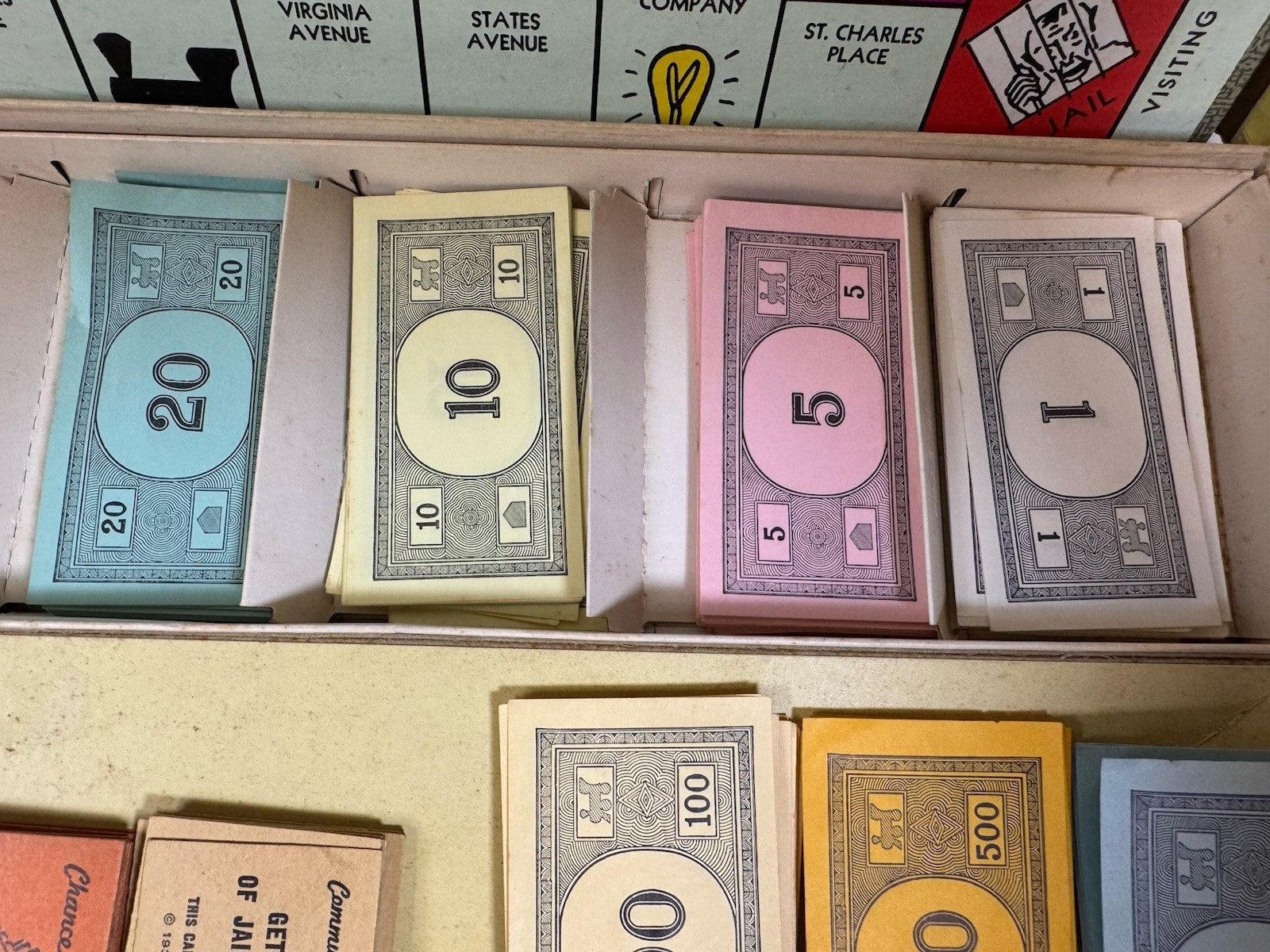 Vintage 1954 Monopoly Game Yellow Box Wooden Tokens Incomplete. See Description.