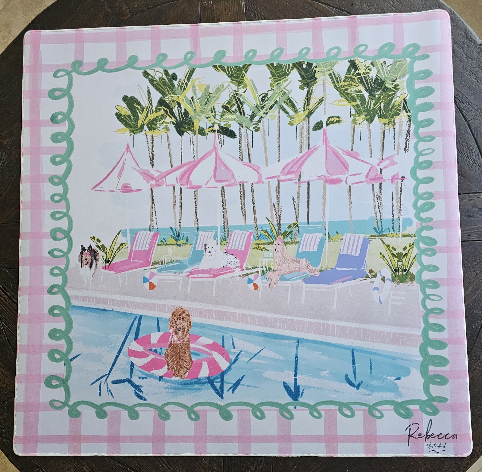 Rebecca Illustrated Pool Pawty Dog Mahjong Mat NEW AUTHENTIC