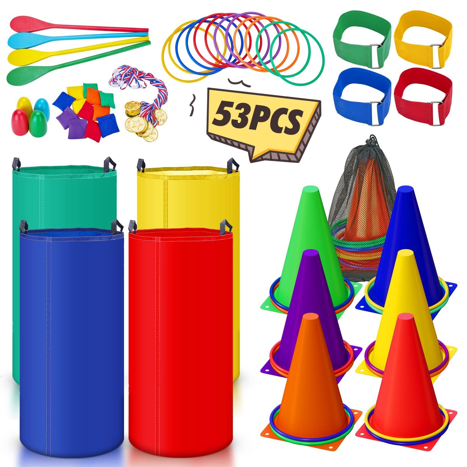 53PCS Outdoor Carnival Games Set – Bean Bags, Ring Toss, Sack Race, Egg & Spoon