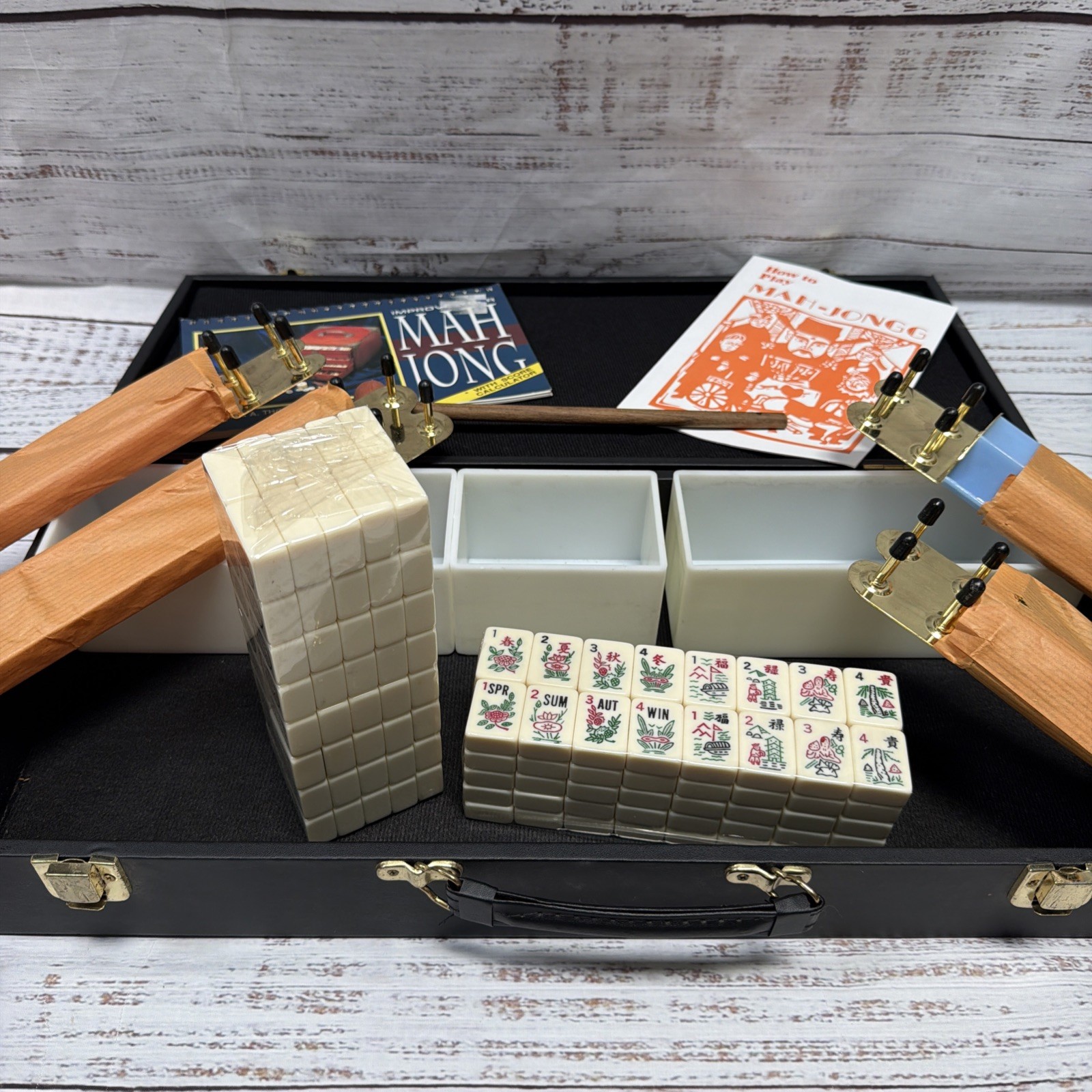 Vintage Mah Jong Set – 4 Bakelite Racks Travel Carry Case 166 Tiles NEVER USED!