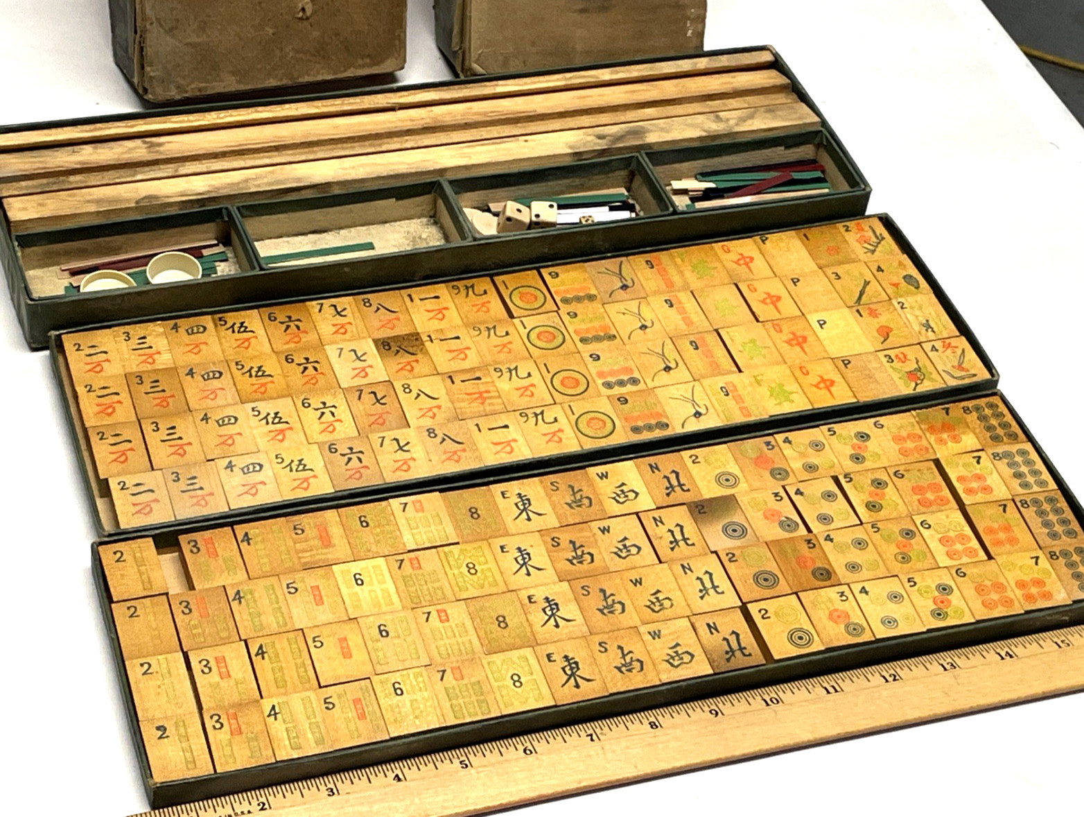 Antique 1920s Chinese Mahjong Set Wood Tiles Sticks & Original Box AsIs 144 Tile