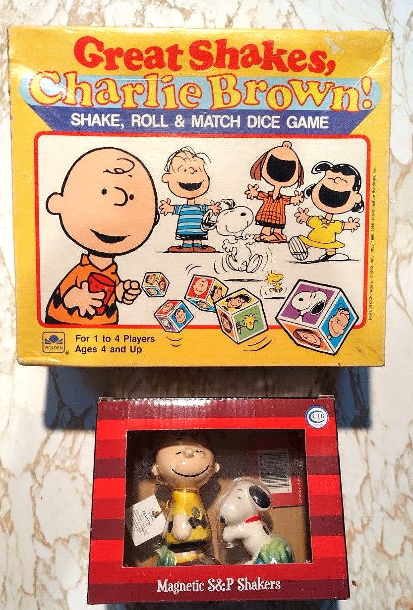 1988 Charlie Brown Shake, Roll & Match Game, Peanuts Snoopy Salt, Pepper Shakers