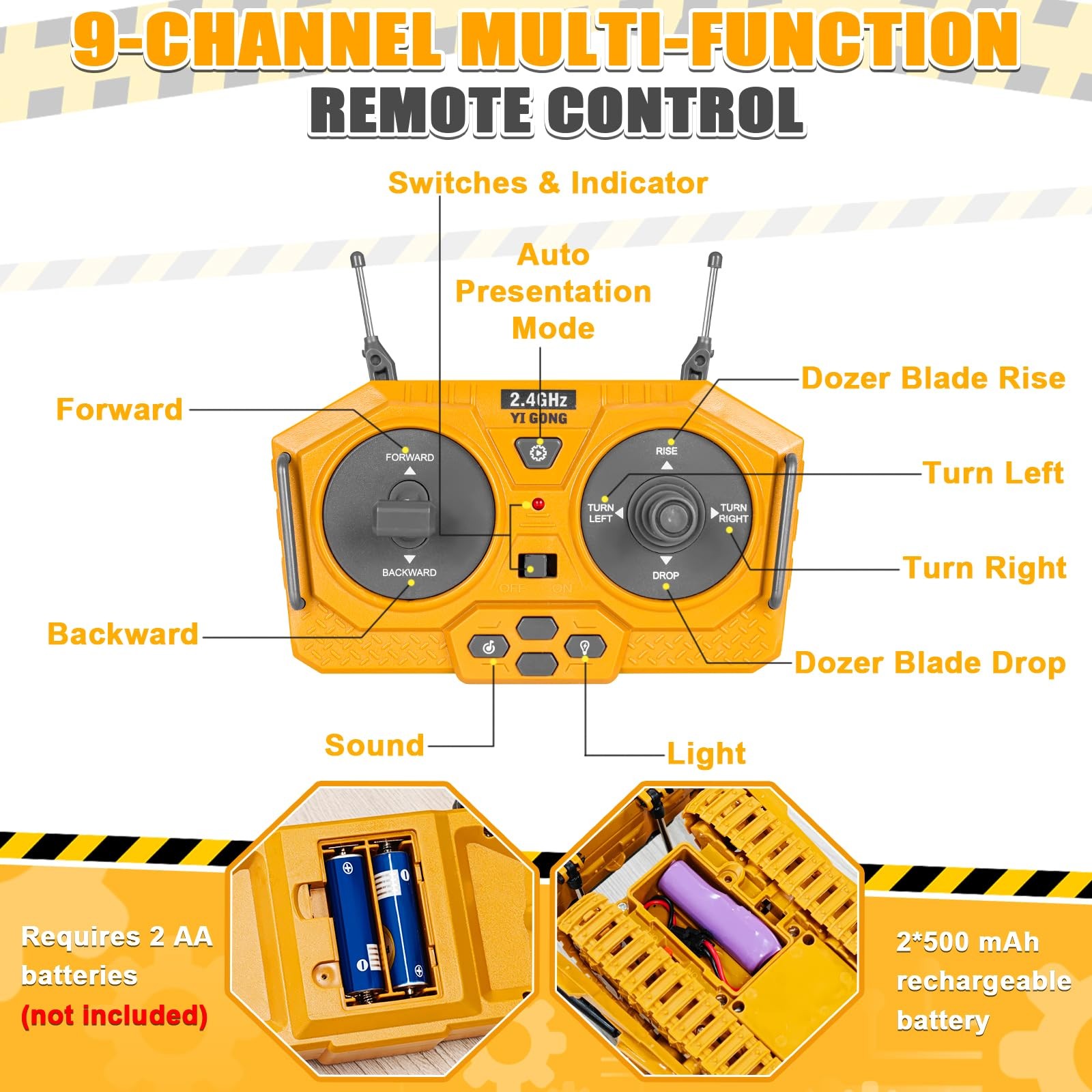 Remote Control Bulldozer 9 Channel Metal Construction Vehicle Lights Sound Led