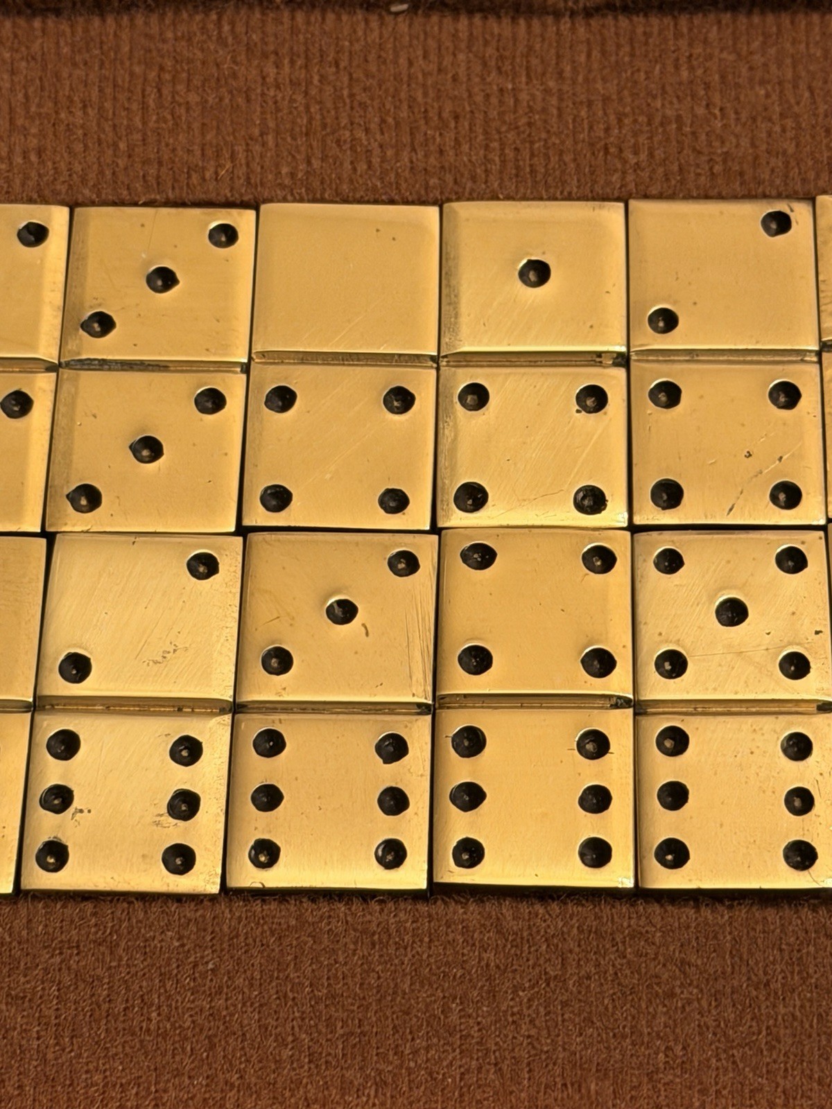 Vintage Mid-Century Solid Brass Double Six Dominoes Set(28) in FauxLeather Case