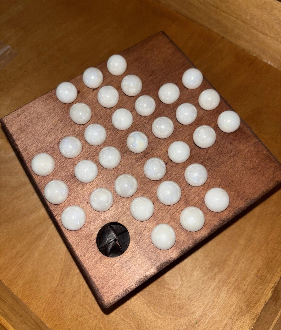 Vintage Handmade Marble Solitaire Game Solid Wood Board White Glass Marbles
