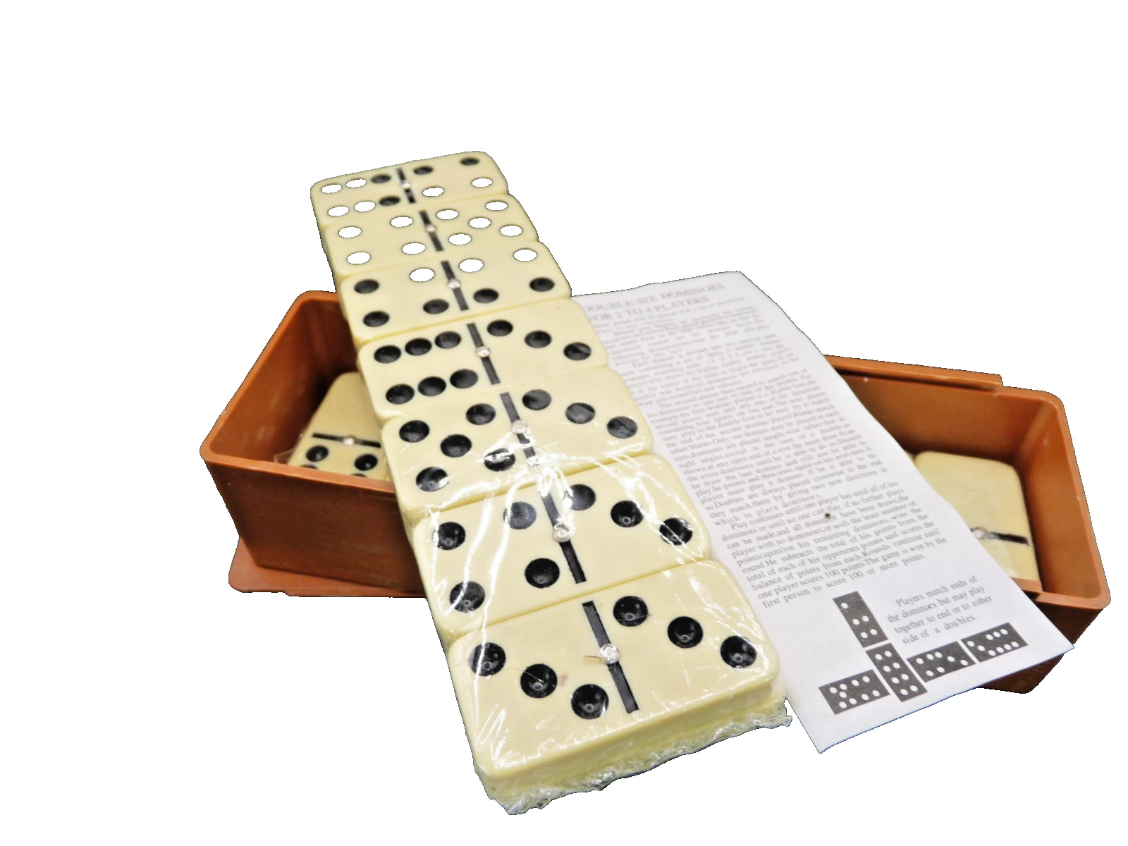 Vintage Double 6 Dominoes Set 28 Pieces With Brass Spinners & Wooden Case NOS